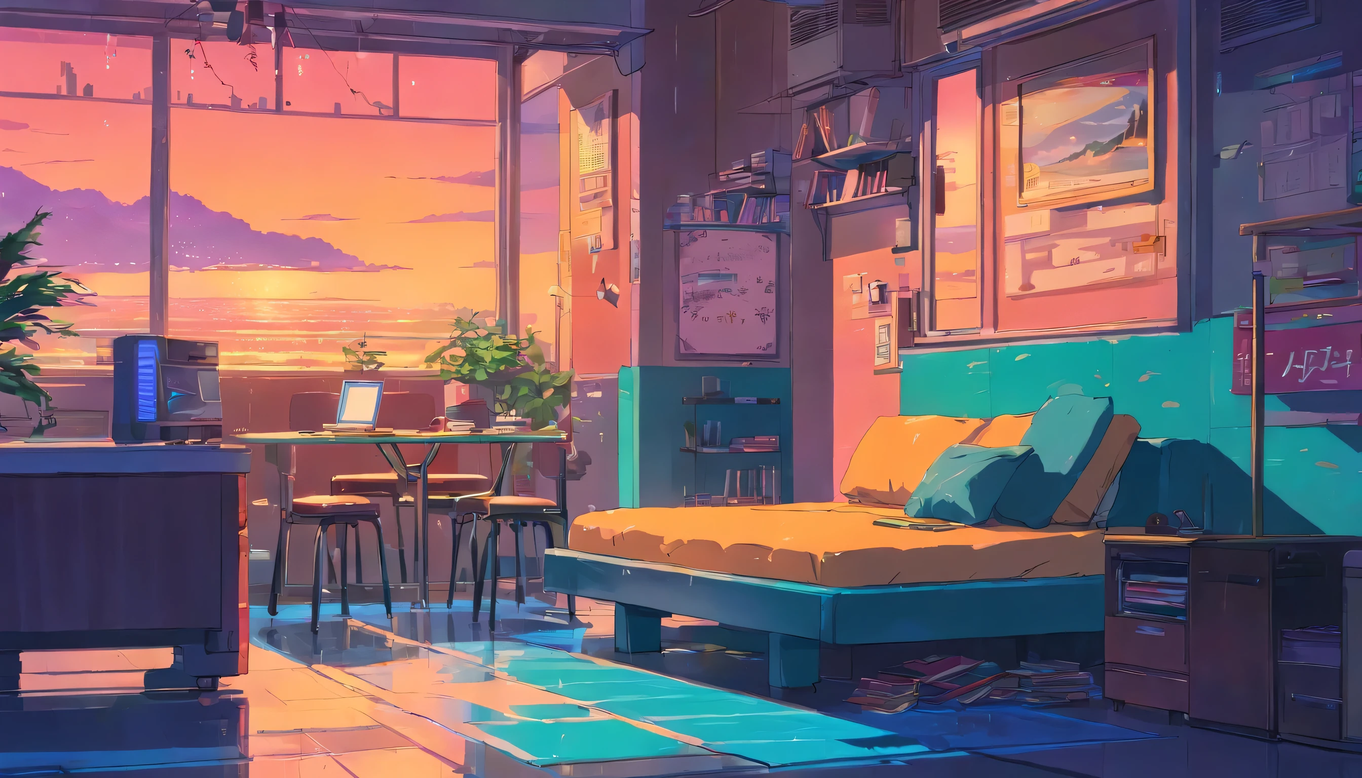 high resolution、One Girl、Wearing headphones、Aloha shirt and hot pants、Inside a minimalist room、Fabric sofa、Gibson Guitars、Vibrant colors、Vivid Color、Warm shades、Full body images、Orange long hair、