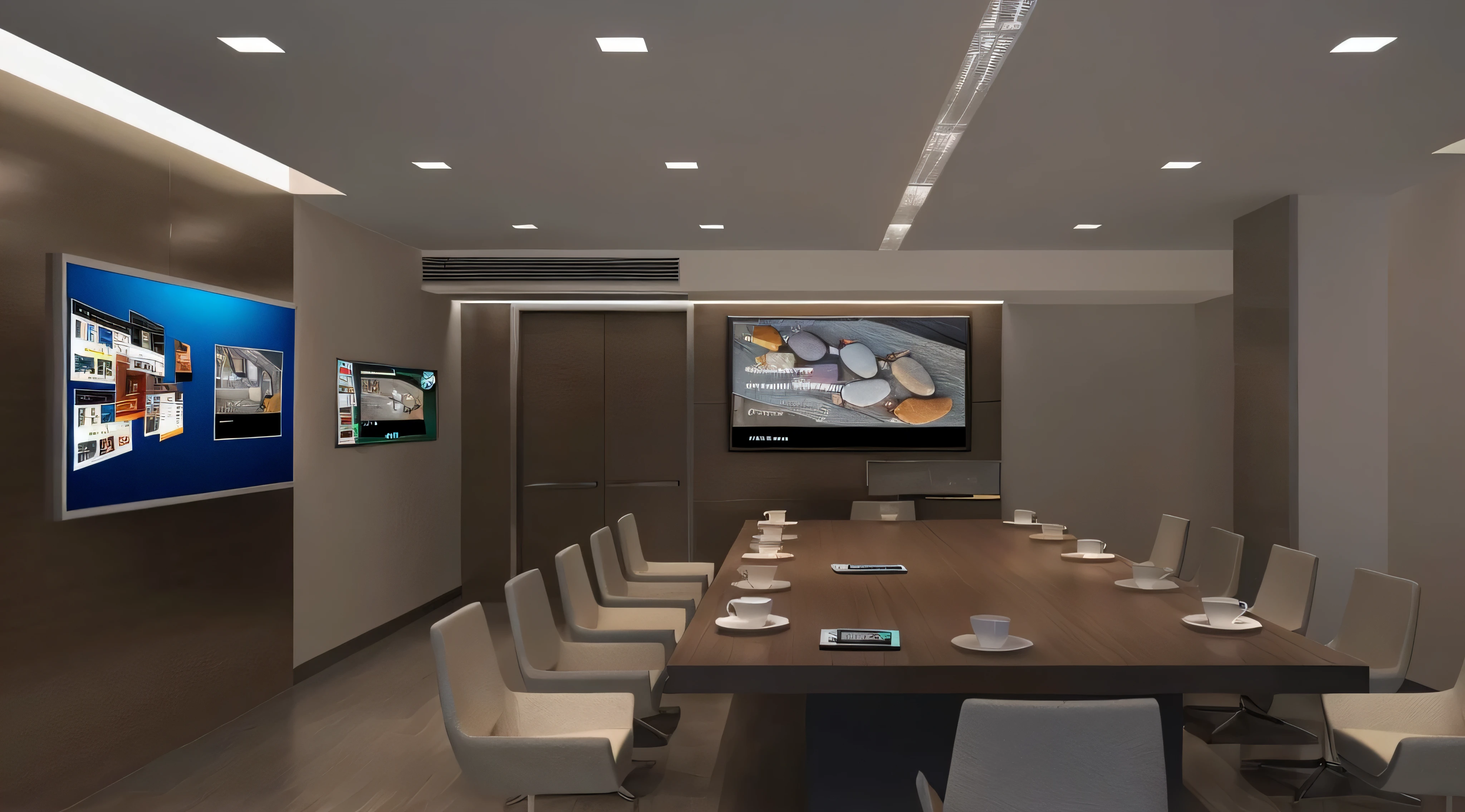 there is a long table with chairs and a flat screen tv, in a meeting room, meeting room, photograph of 3d ios room, digital screens on the walls, office interior, monitor, high-tech environment, flat panels, digital rendering, sharp hq rendering, modern office, cubical meeting room office, cg rendering, concrete hitech interior