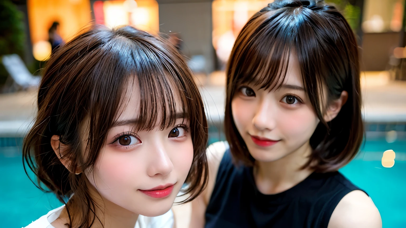 table top, highest quality, shape, Super detailed, finely, High resolution, 8k wallpaper, 完璧なダイナミックな構shape, head straight、don&#39;t tilt your head、finelyて美しい目, wearing a black tank top,Bust up composition、medium hair,natural color lip, smile,Harajuku、teenage girl、cute、looking at the camera、C cup、brown hair、Blurred night pool background