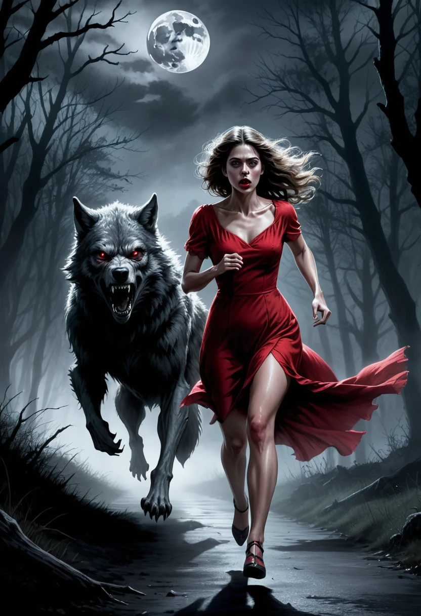 digital drawing, horror movie scene of a beautiful woman in a red dress being stalked in the dark by an wolfman, spooky, terrifying, dark ambiance, misty, 8k, high quality, gray wolfman in the background, intensity, woman looking behind her, running, moonlight