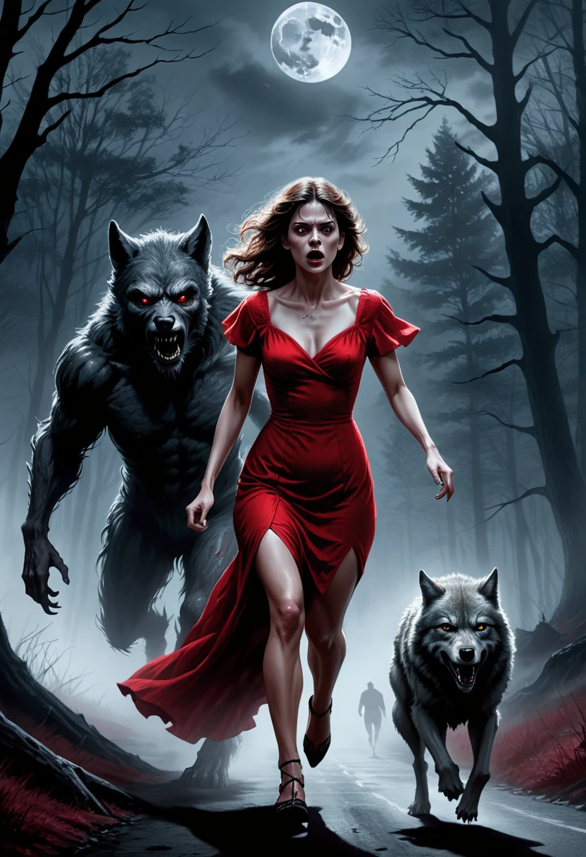digital drawing, horror movie scene of a beautiful woman in a red dress being stalked in the dark by an wolfman, spooky, terrifying, dark ambiance, misty, 8k, high quality, gray wolfman in the background, intensity, woman looking behind her, running, moonlight