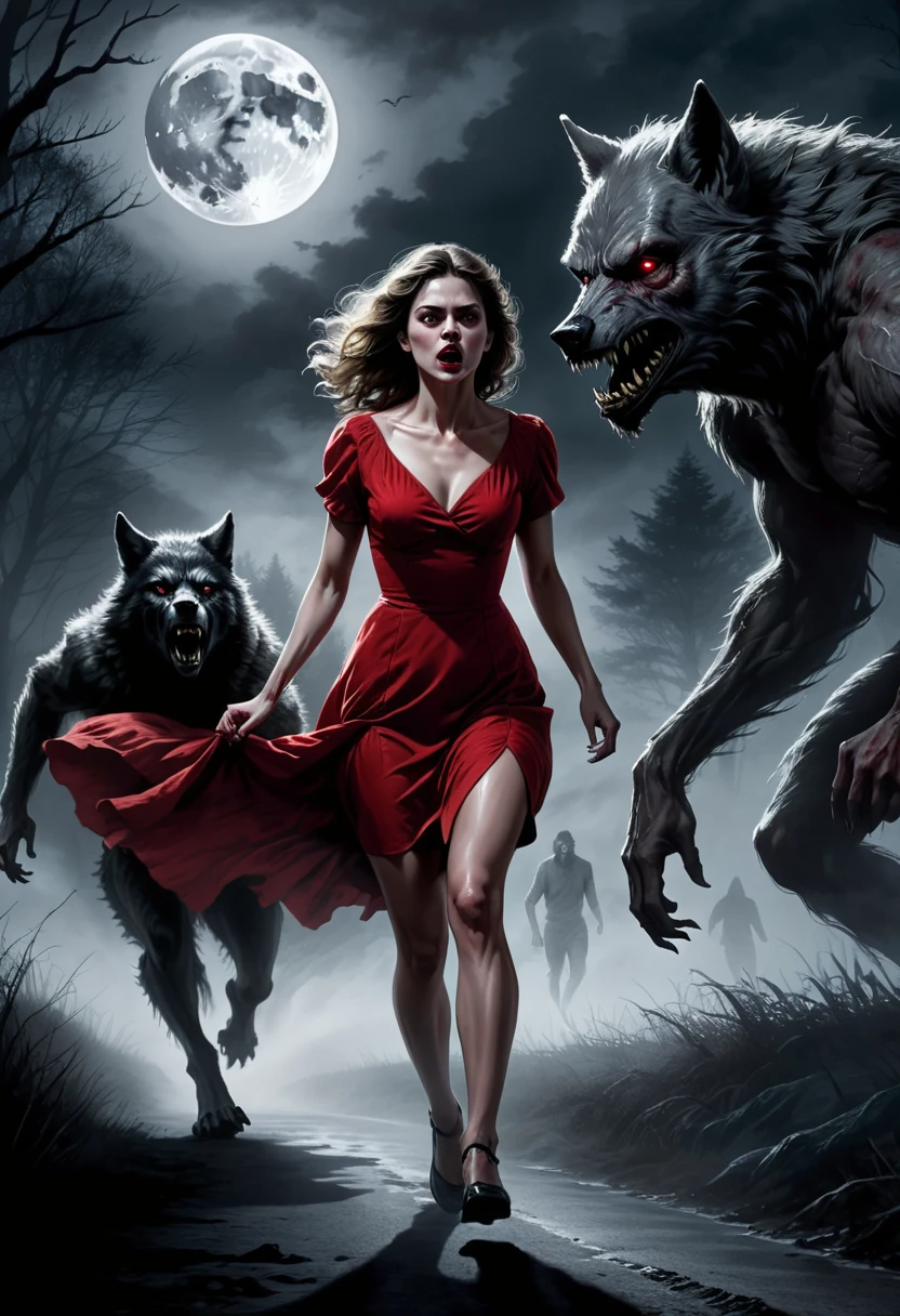 digital drawing, horror movie scene of a beautiful woman in a red dress being stalked in the dark by an wolfman, spooky, terrifying, dark ambiance, misty, 8k, high quality, gray wolfman in the background, intensity, woman looking behind her, running, moonlight