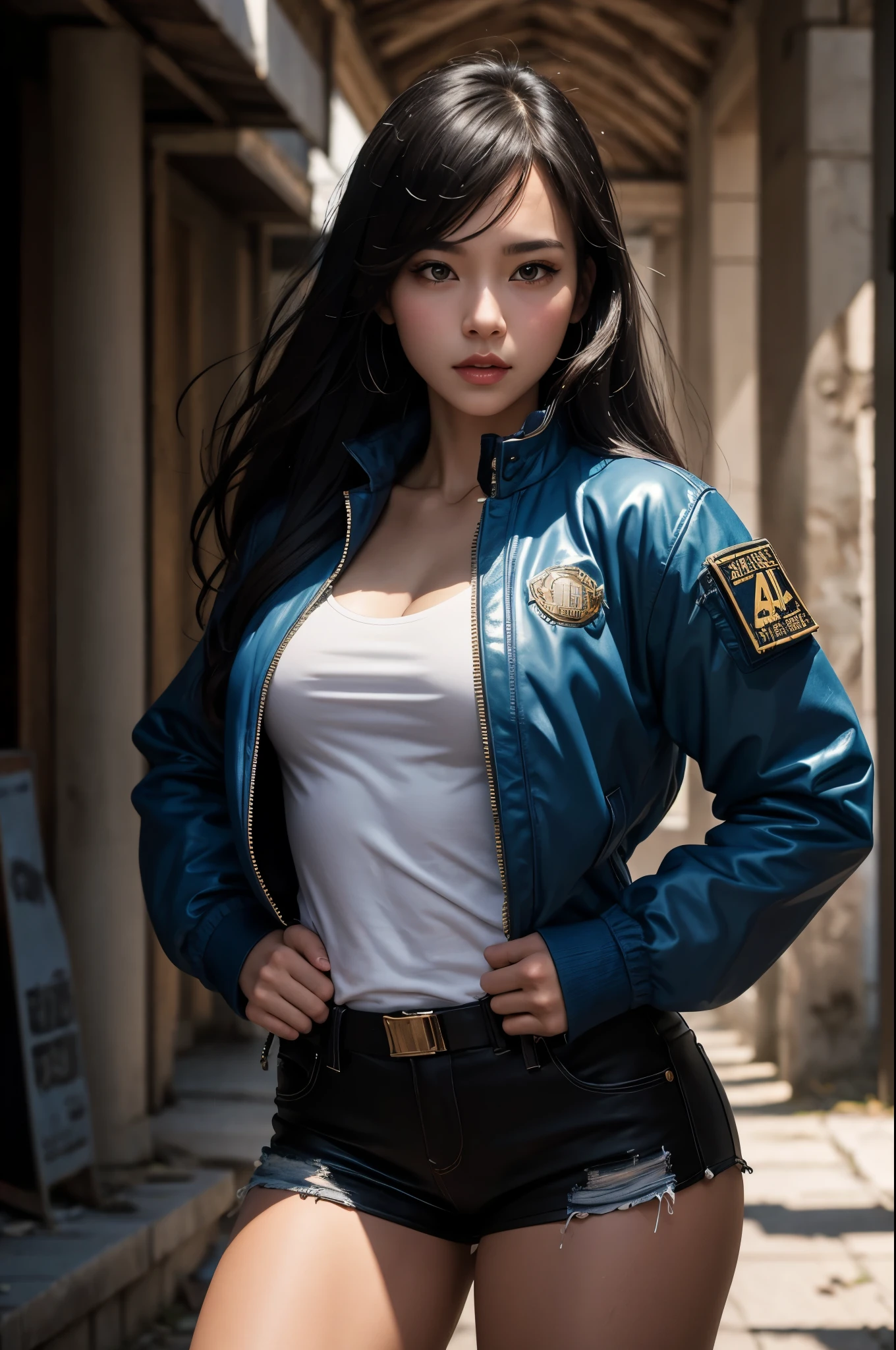 8K,Twin sister wearing casual clothes,Super beautiful(like the real thing),My sister is short and has a glamorous figure.,big breasts,blue combat jacket,sexy,luxury white shirt,black combat shorts,sharp eyes,black eyes,grim expression,masterpiece,Photorealistic RAW photos of the highest quality。bright colors,rich colors, Backlight, cinematic lighting, film grain, to be born, 50mm lens, Nikon D850,detailed character art,fantasy art,ultra high resolution,super realistic skin,Perfect hand shape,In front of the abandoned temple,beautiful expression,dynamic pose,fighting pose,Throwing knives,blue combat jacket,
