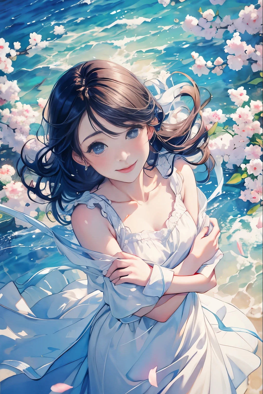 8k,masterpiece,highest quality, (From above:1.6) ,dynamic pose,A -yeld giwaiting for spring, bright lights, long hair, Wind、 smile, watercolor painting \(Moderate\),watercolor painting,(body-hugging white dress:1.3)