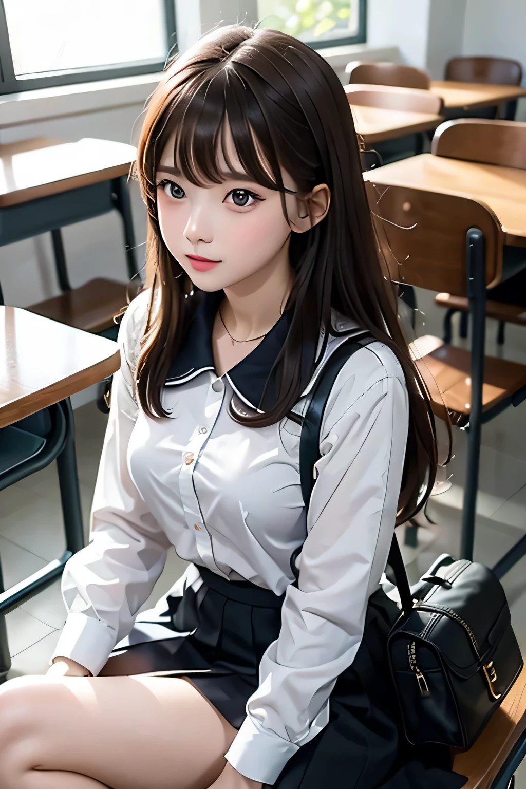((masterpiece, highest quality)),best aesthetics,1 girl, school uniform, mechanical, sitting, school mechanical, brown hair, classroom, long hair, indoor, Chair, looking at the viewer, :p, focus only, brown eyes, skirt, long sleeve, pencil, 1 boy, pencil case, paper, black serafuku, multiple girls, pleated skirt, sailor collar, bangs, headrest, school bag, school Chair,no makeup、