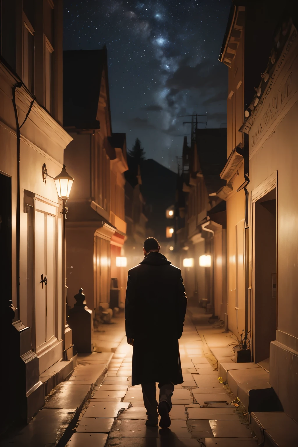 A man walking in the cemetery at night.
