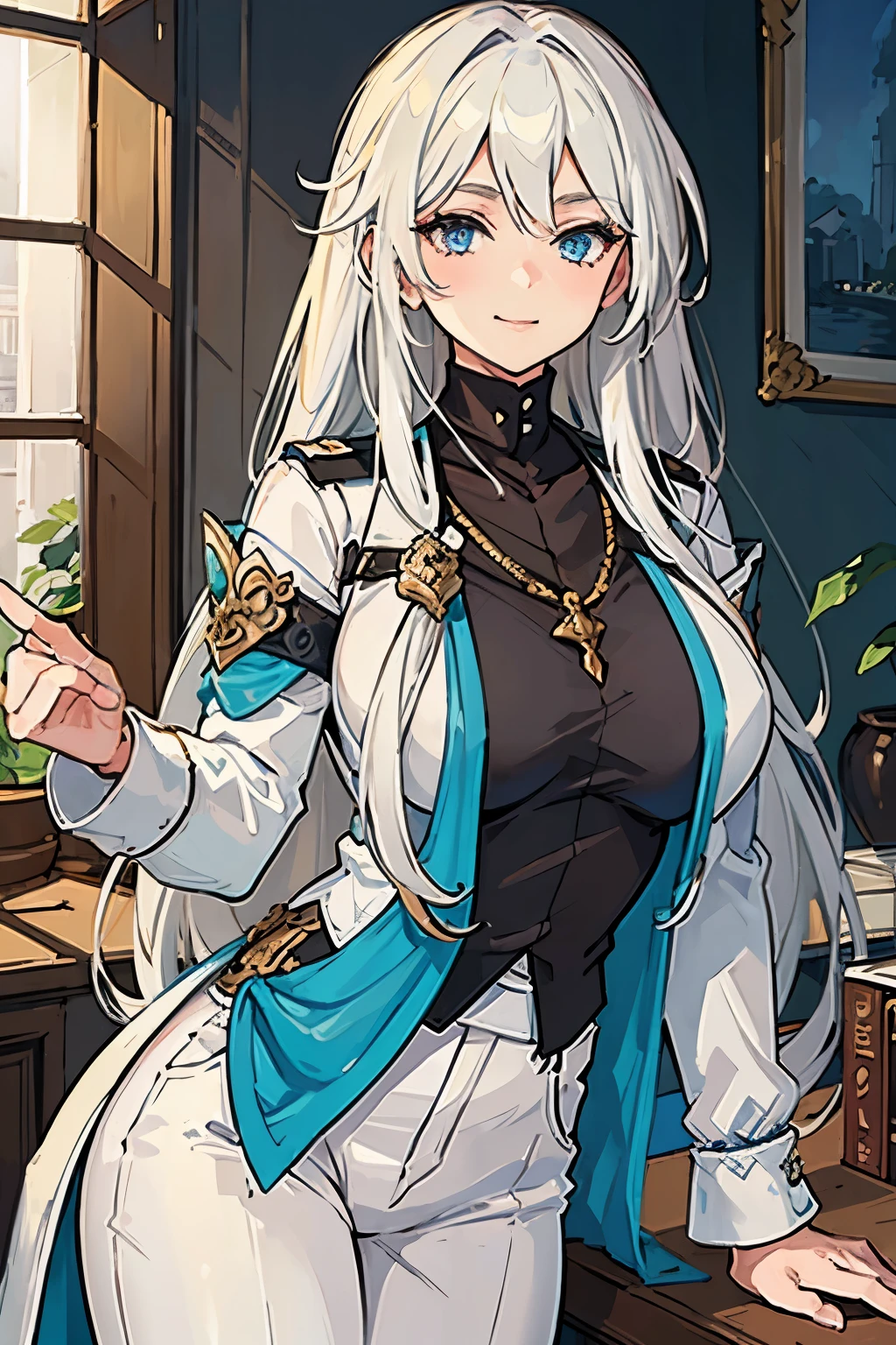 (best quality:1.3), (masterpiece:1.3), (illustration:1.3), (ultra-detailed:1.3), (mid shot:0.9), 1girl, white hair, large breasts, looking at viewer, warm smile, blue eyes, long hair, white coat, black shirt, white pants, blue ascot, blue armband, blue vest, indoors, 