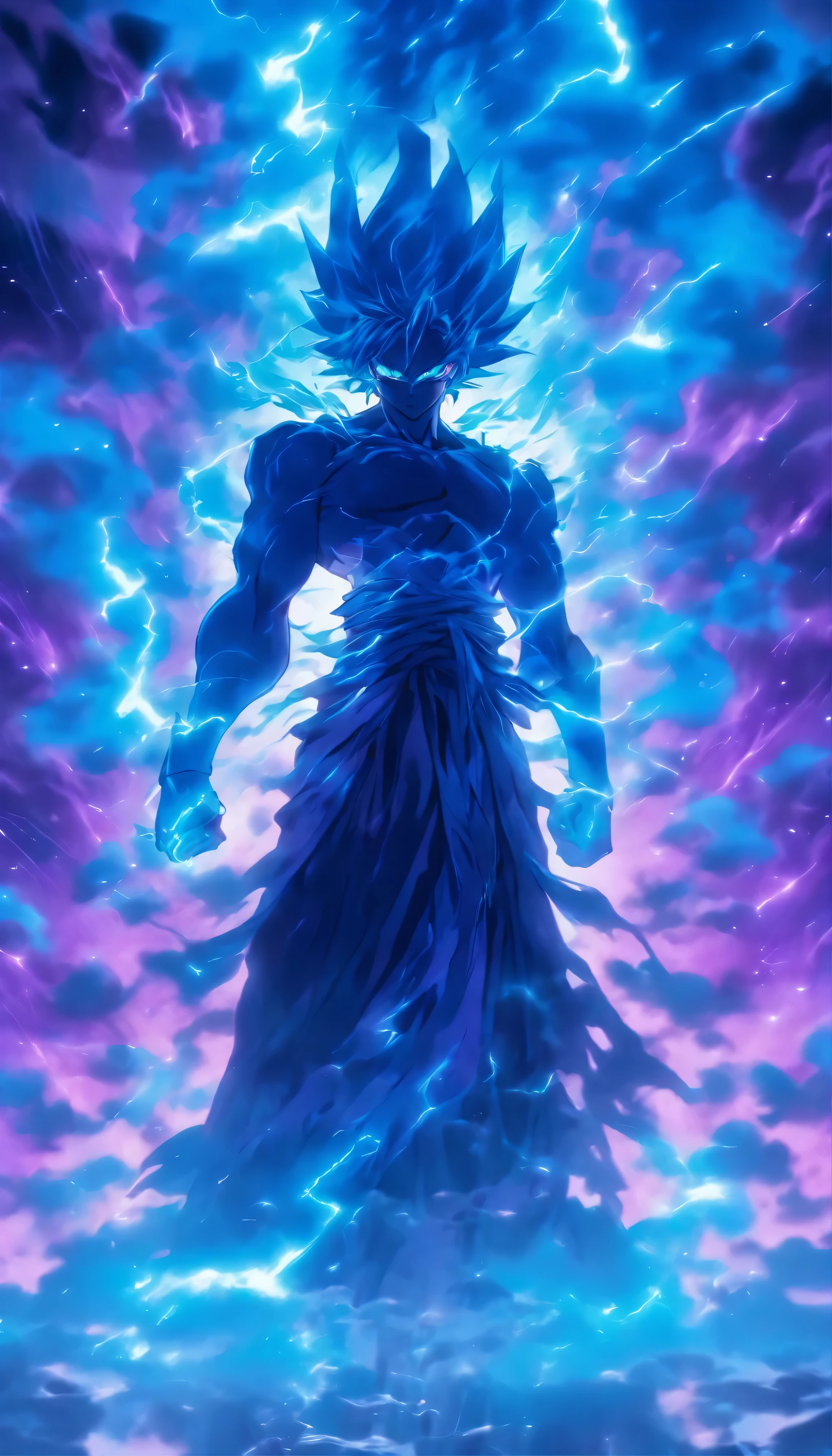 Male figure shrouded in ethereal blue lightning,Reflective dark purple etching. His mysterious presence hints at a close connection with infernal forces. A purple shadow fell on him, The mysterious dance of creation, Destruction and Rebirth,