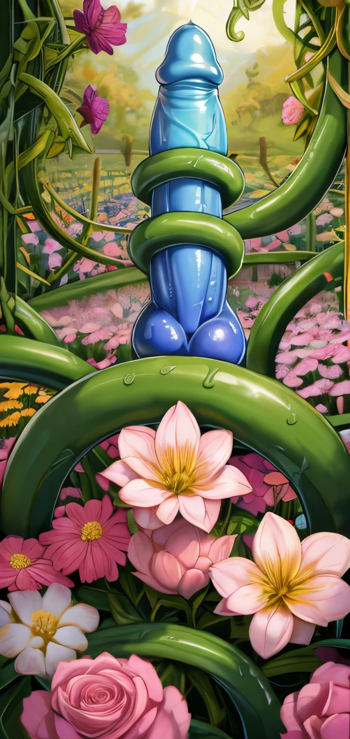 1boy, girly, fractal magic, illustration in the style of Travis Charest, poster, cgsociety, fantasy art, detailed illustration, mystical, A botanical masterpiece, detailed, hyper-realistic, elemets of symbolism and surrealism, intricate design, intertwined, flowers, pastel, penis, garden, on giant flower, (vine tentacle sex:1.2), tentacle sucking penis, bound by tentacles