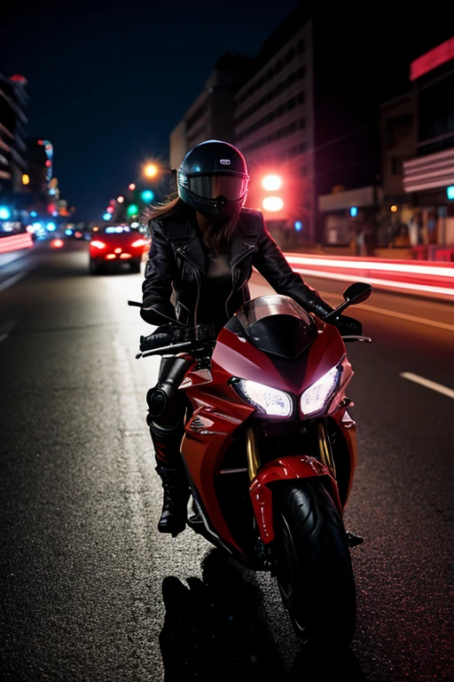 woman riding a motorcycle in a high speed chase, cyber punk, colorful lights on motorcycle, wearing tight fit red and black clothing, motion blur virtual effect, driving motor cycle fast down a city street at night, dramatic action scene, dark and tense, suspenseful, photo-realistic, dramatic lighting, cinematic, film grain, 4 k resolution, masterpiece, high resolution