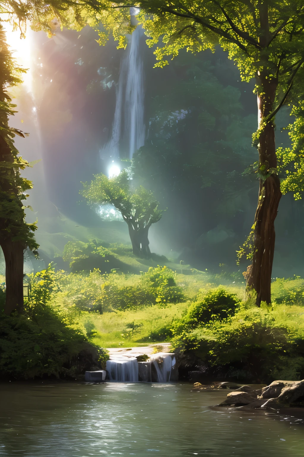 ((Masterpiece)), ((Best quality)), 8K, Highly detailed, Ultra-detailed, A serene landscape scene showcasing the Tyndall Effect in a tranquil body of water. The sun casts a warm, golden light onto the surface of the water, creating a breathtaking display of shimmering waves and vibrant colors. The Tyndall Effect is most prominent near the shoreline, where the water is shallow and the suspended particles catch the sunlight, resulting in a mesmerizing spectacle of light and color. The scene is framed by lush greenery and towering trees, casting dappled shadows onto the water's surface. 1 woman in wet t-shirt, mini skirt, fully clothed, beautiful face, gigantic breasts, gigantic tits, gigantic boob, gigantic bust,