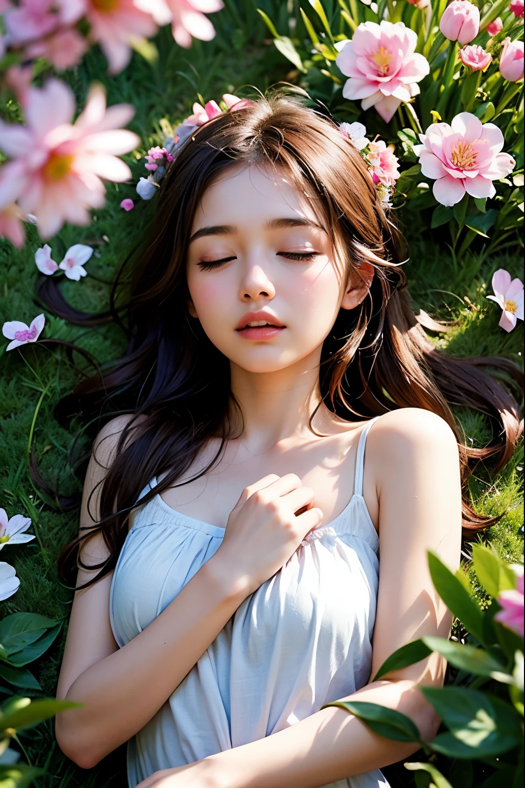 1girl, solo, lying in a flower field, best quality, young girl, taking a nap amidst a field of blossoms, wearing a sundress, reclining on her side with eyes closed, peaceful expression on her face, flowers scattered around her, gentle sunlight casting warm hues on her skin, soft breeze rustling through the flowers, tranquil and idyllic atmosphere, capturing the serenity of a lazy afternoon nap in nature.