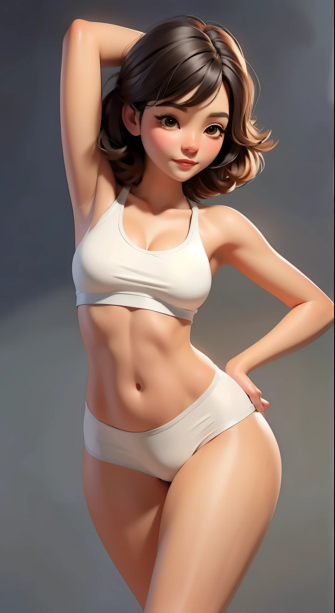 girl,Standard chest,Shapely figure,Wearing only a bra and tight-fitting yoga shorts,Expose navel and pubic bone,camel toe protrusion,graceful dance posture,legs apart,Turn your back to the audience,Movie-like texture