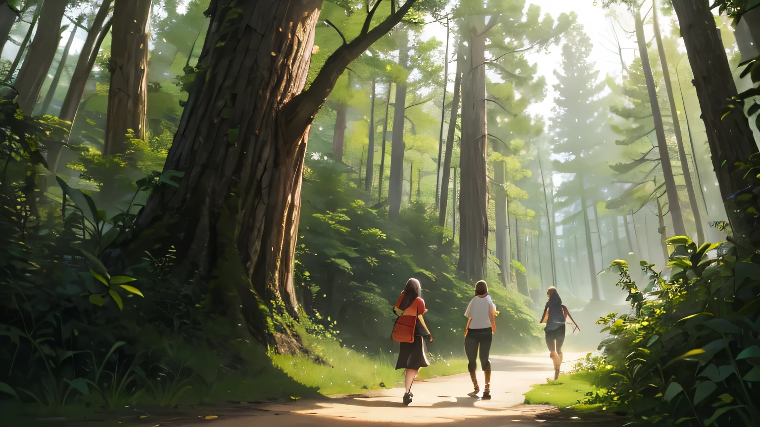 Three ordinary people playing in the forest