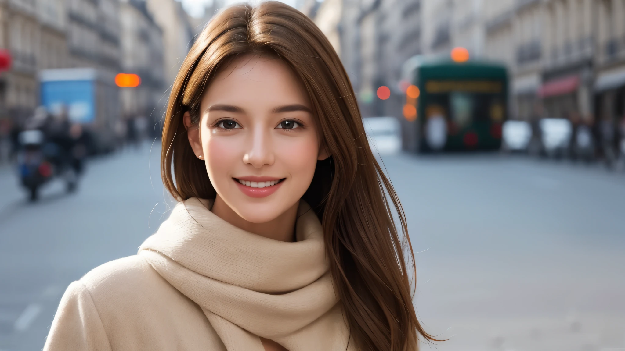 masterpiece, Best Quality, Photorealistic, Ultra-detailed, finely detailed, High resolution, 8K Wallpaper, 1 beautiful woman, light brown hair, sharp focus, Perfect dynamic composition, Beautiful detailed eyes, detailed hairs, Detailed realistic skin texture, Smiling, portrait, Model body type, Take a walk on the street of Paris,