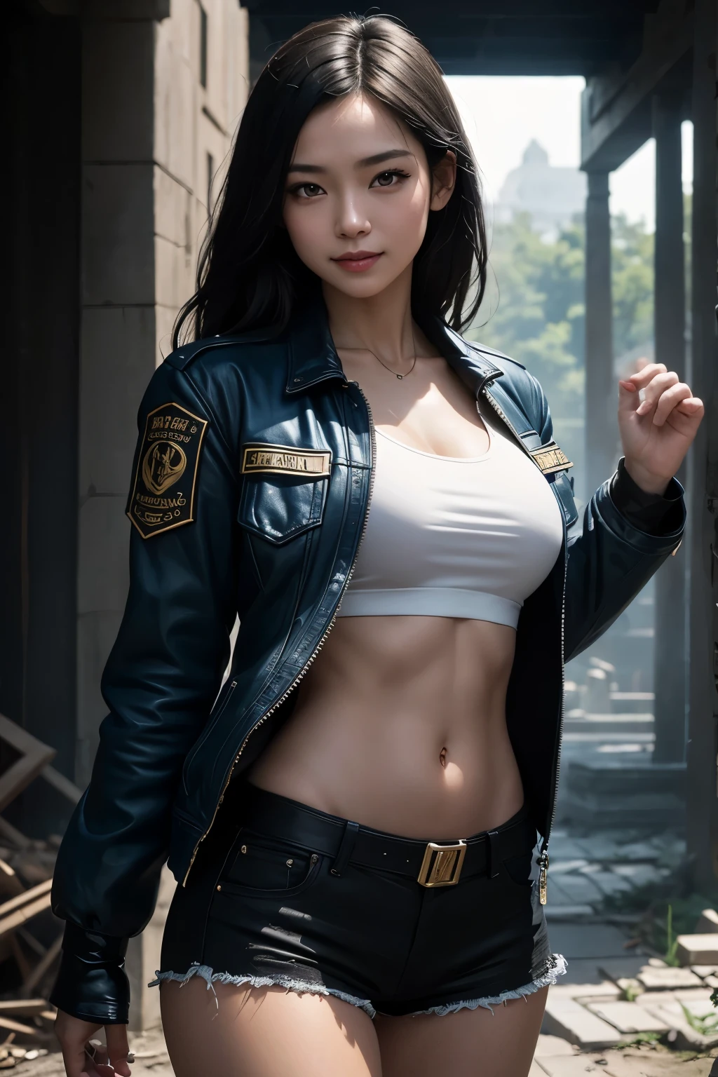 8K,Twin sister wearing casual clothes,Super beautiful(like the real thing),My sister is short and has a glamorous figure.,big breasts,blue combat jacket,sexy,luxury white shirt,black combat shorts,sharp eyes,black eyes,smile,black long hair,masterpiece,Photorealistic RAW photos of the highest quality。bright colors,rich colors, Backlight, cinematic lighting, film grain, to be born, 50mm lens, Nikon D850,detailed character art,fantasy art,ultra high resolution,super realistic skin,Perfect hand shape,In front of the abandoned temple,beautiful expression,dynamic pose,fighting pose,hold a shakujo,blue combat jacket,