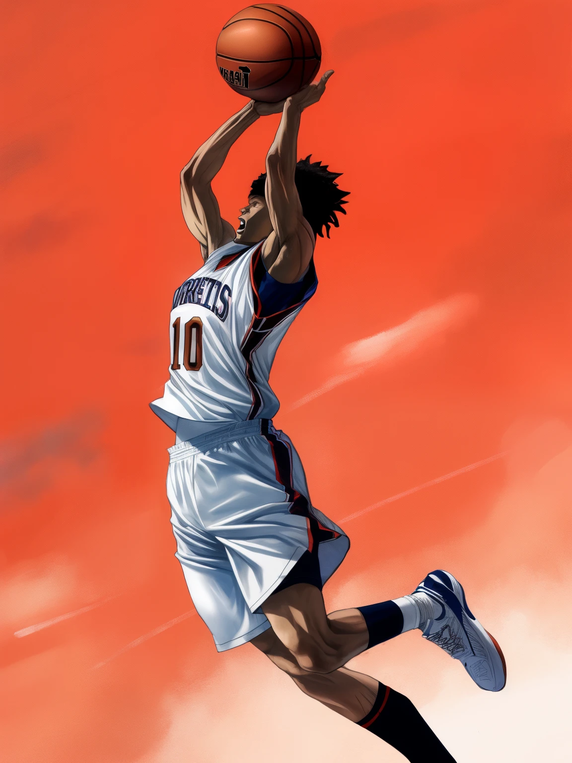 A basketball player floating mid air, court, detailed, anime
