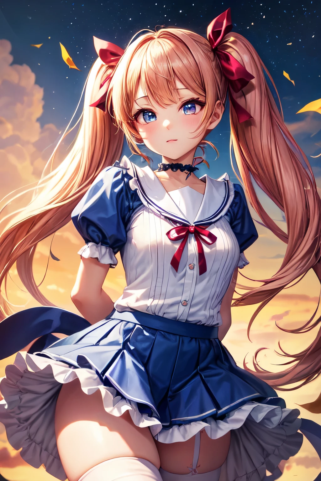 beautiful girl, young girl, young, twin tails, choker, highest quality, masterpiece, 8k, 超A high resolution, beautiful face、symmetrical eyes, ribbon, frills, race, Furifuri, fold your arms behind your back, Thighhighs, knee high socks, embarrassing