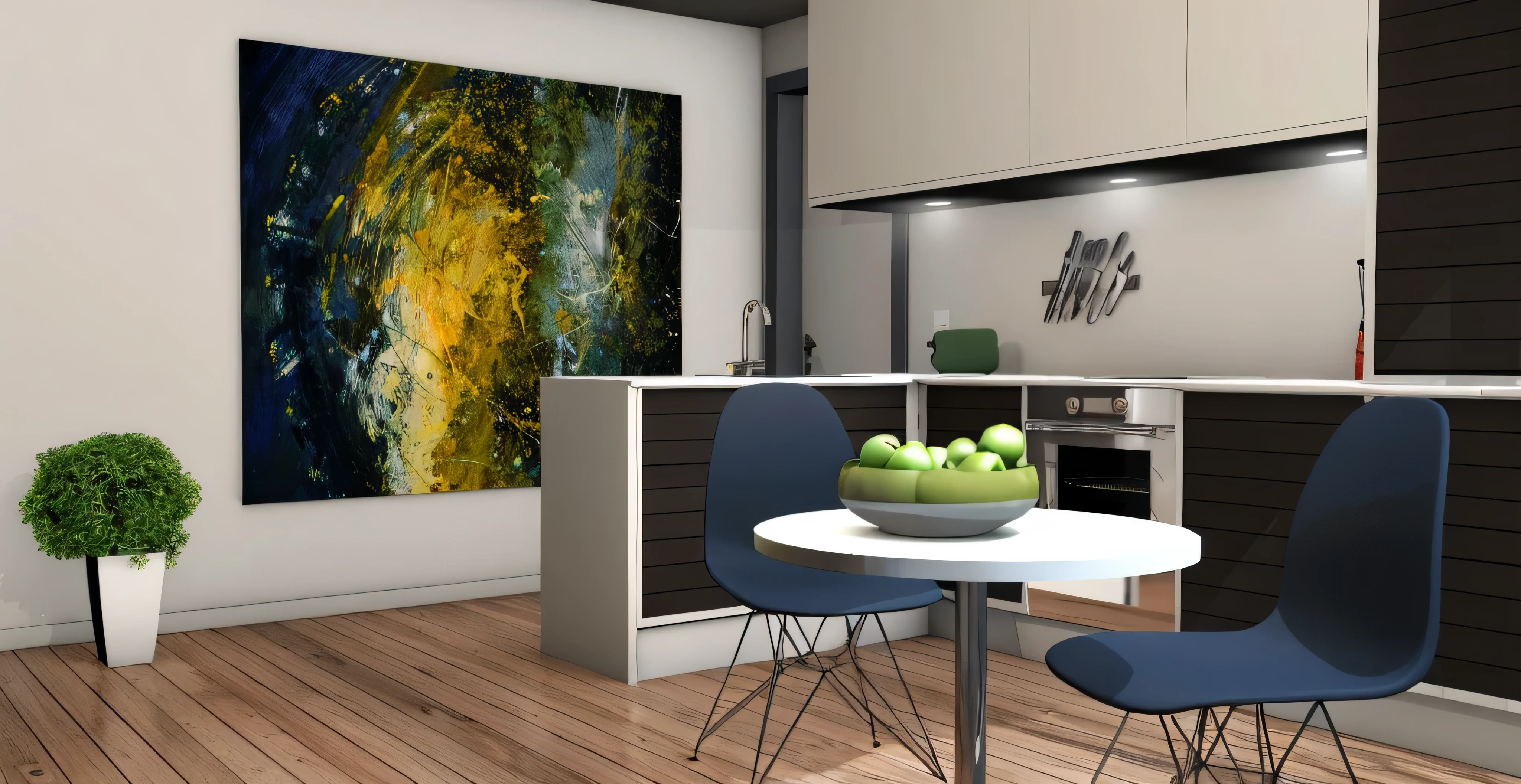 there is a bowl of apples on a table in a kitchen, inside a modern apartment, location in a apartment, a photorealistic rendering, painting of a room, realistic physical rendering, modern interior design, abstract 3d rendering, apartment design, picture of an interior loft, high quality 3d render, high quality 3 d render, photorealistic 3 d render
