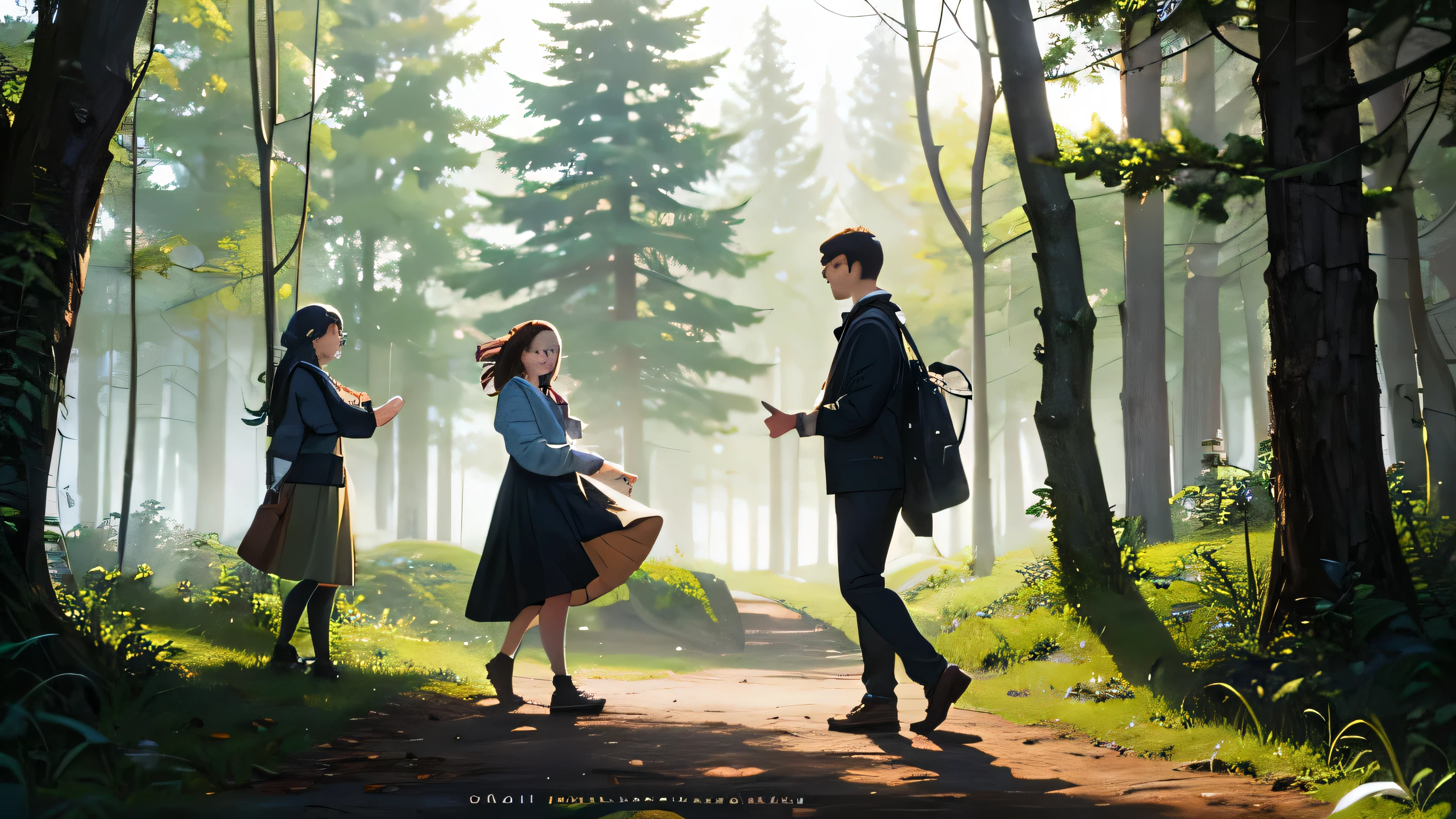 Three ordinary people playing in the forest
