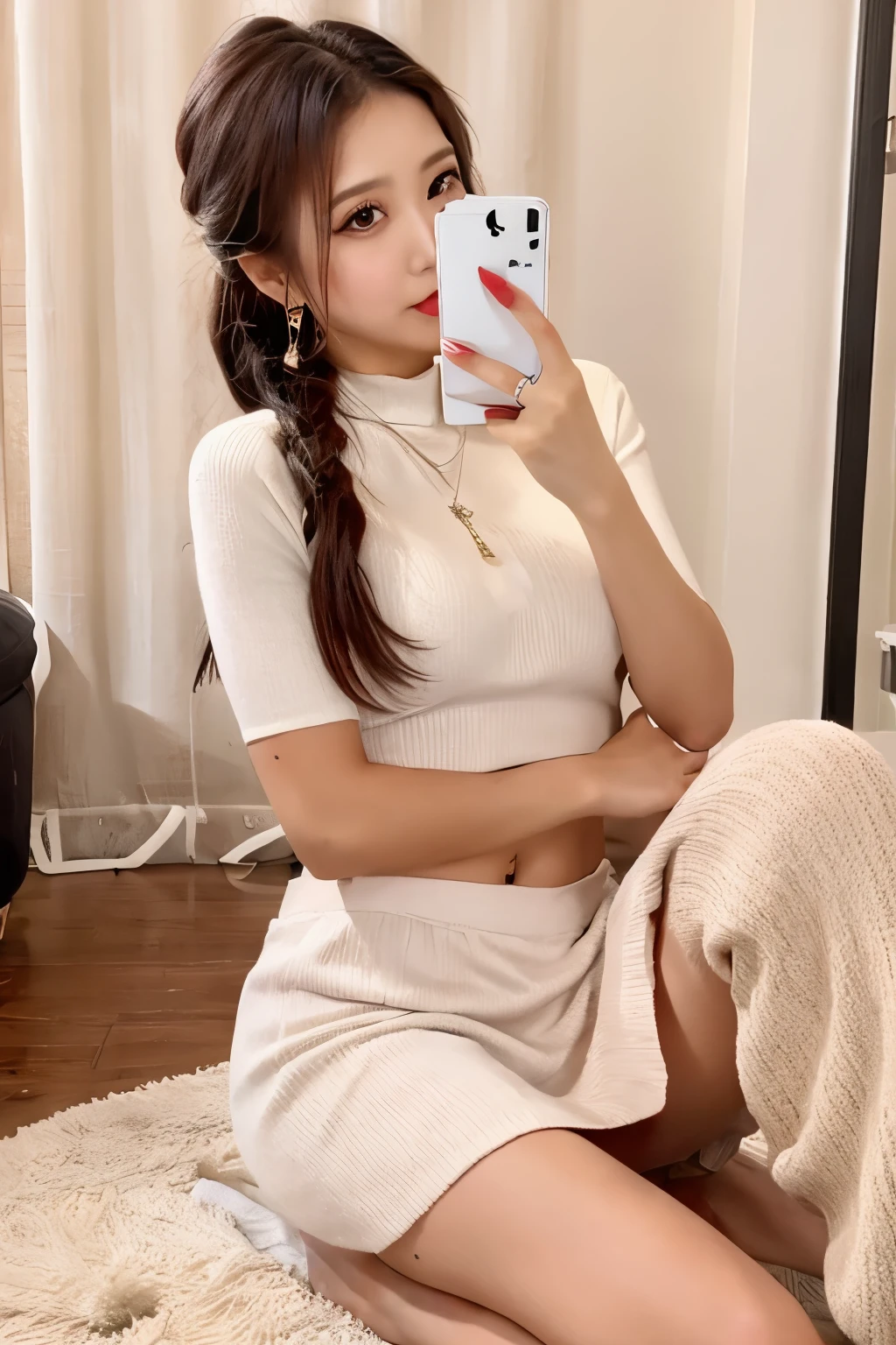 Room wear　skirt　white　slender　sitting　selfie　