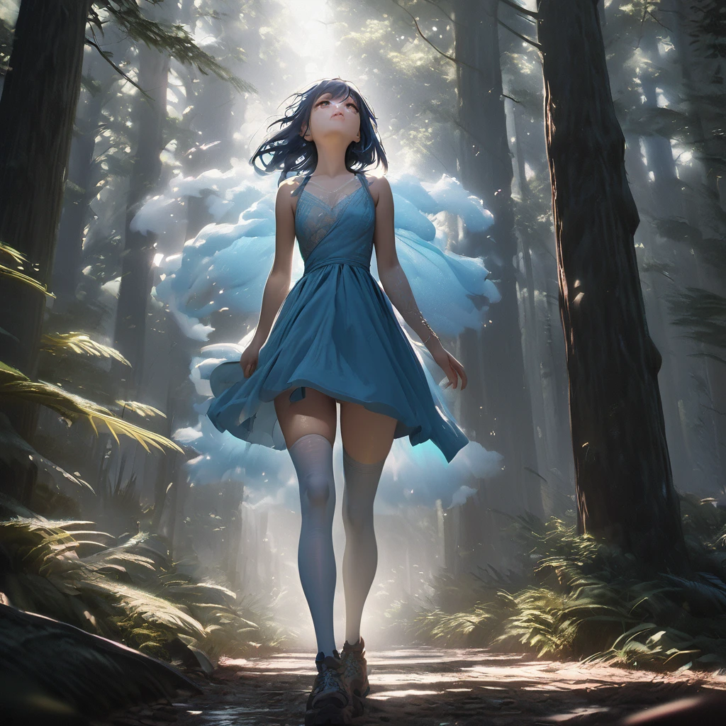 Tyndall Effect, aesthetic, extremely detailed, masterpiece, best quality, Tyndall effect, light beams, 1girl, solo, blue dress, thighhighs, standing, looking up, in forest, trees, sunlight rays, volumetric lighting, cinematic lighting, light rays, light scattering, volumetric fog, mist, atmosphere, photorealistic, 8k, unreal engine, octane render