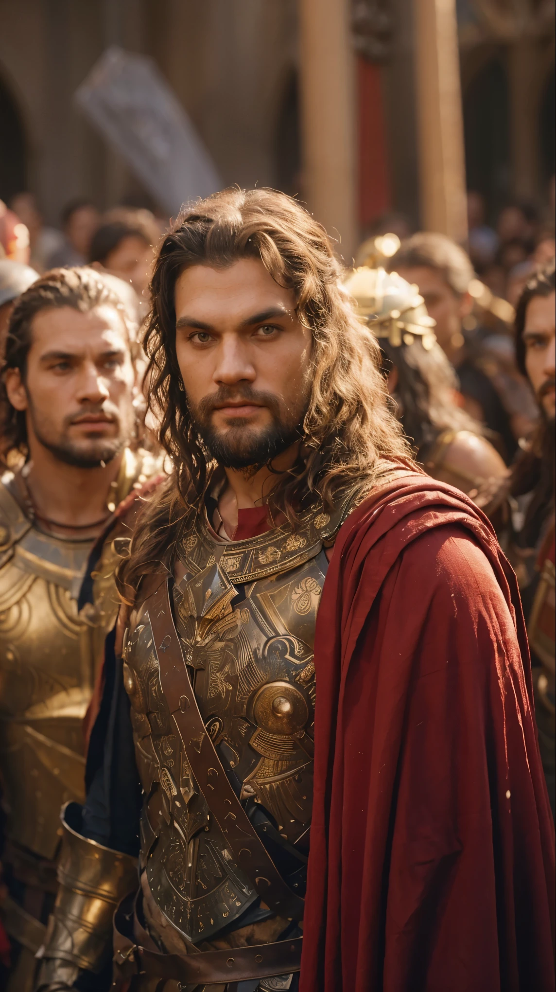 a group of men in armor standing next to each other, jason momoa as assyrian, biblical epic movie, henry cavill as a greek god, henry cavill is a greek god, henry cavill as a warrior, in screenshot from the 300 movie, by Roman Bezpalkiv, asgardian, nicholas, red cloth around his shoulders