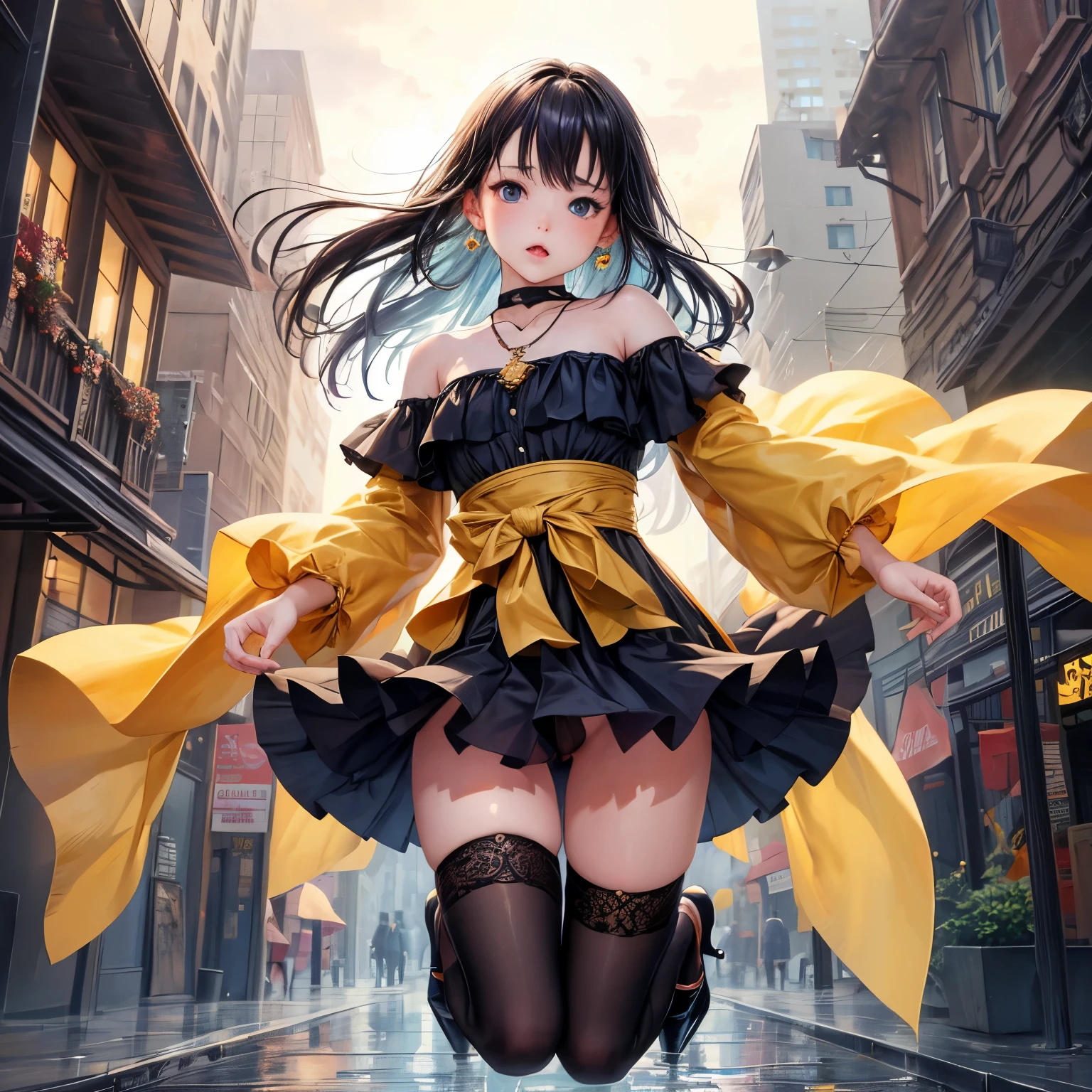 NSFW、4K、masterpiece、((focus on the face)), (full body shot, Full body photo including face), ((Cute symmetrical face))、Beautiful woman、slender body、(small butt、thin thighs）、off shoulder、Box Pleated Skirt、(high heels、stockings、anklet）、I could see the whole body、head to toe photo、small earrings、necklace、Face the viewer in front、The subject is far away、shallow depth of field、wide angle focal length、upward glance、Jumping moment、((floating in the air))、Falling、Vibrant photos、Shoot with focus on the face、Biologically correct number of limbs、correct hand drawing、high angle、realistic pictures、(City area after the rain)
