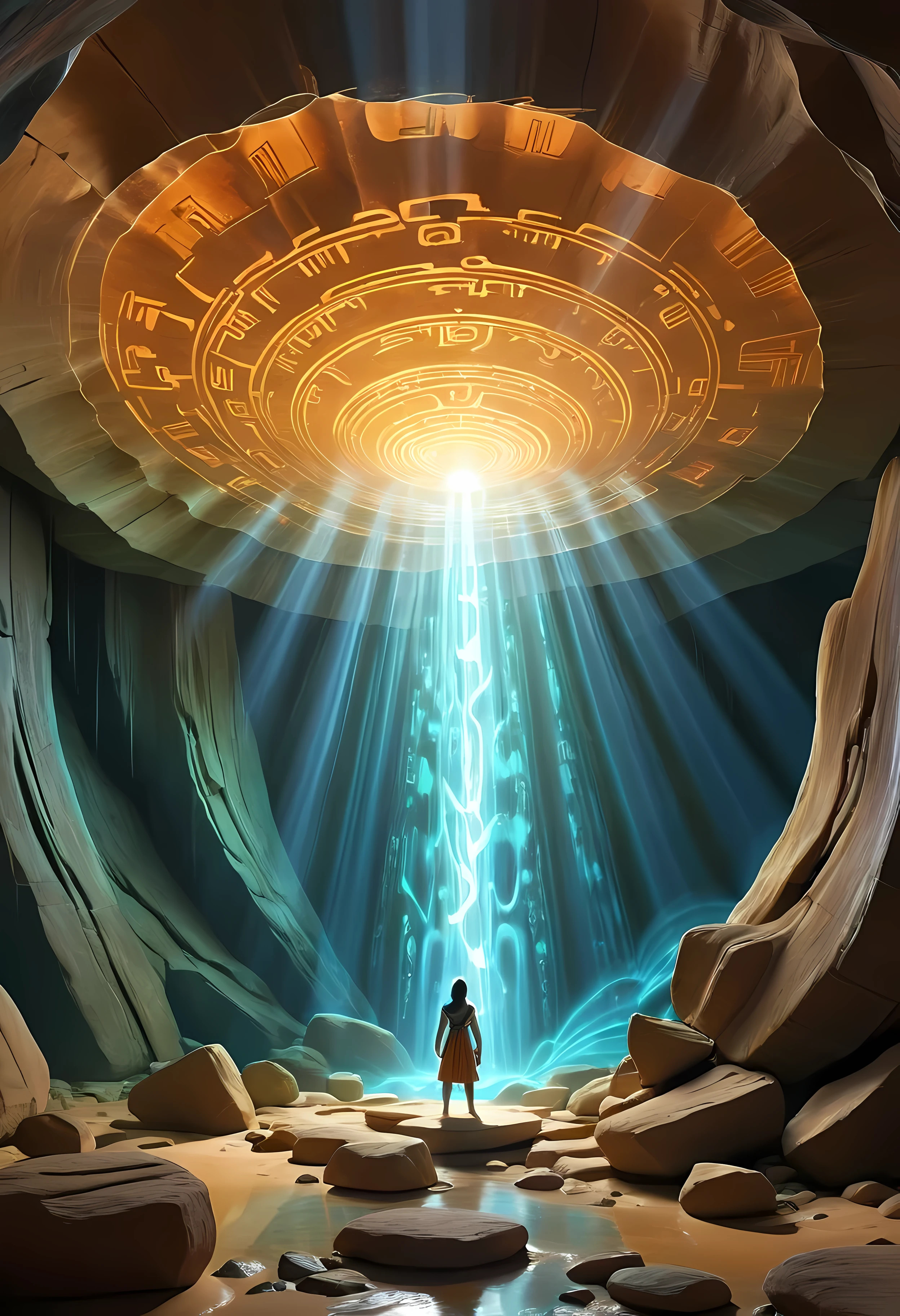 A monumental time portal crackling with energy and surrounded by swirling anomalies, ancient glyphs adorn its surface, ((iridescent light rays)), inside a mystical cave, masterpiece in maximum 16K resolution, superb quality. | ((More_Detail))