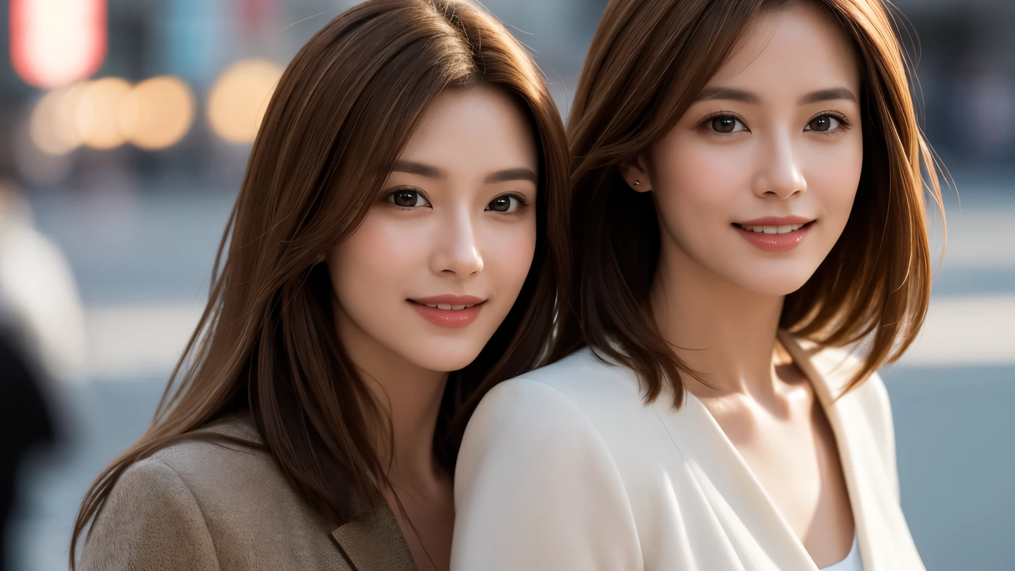 masterpiece, Best Quality, Photorealistic, Ultra-detailed, finely detailed, High resolution, 8K Wallpaper, 1 beautiful woman, light brown hair, sharp focus, Perfect dynamic composition, Beautiful detailed eyes, detailed hairs, Detailed realistic skin texture, Smiling, portrait, Model body type, Take a walk on the street of Tokyo,