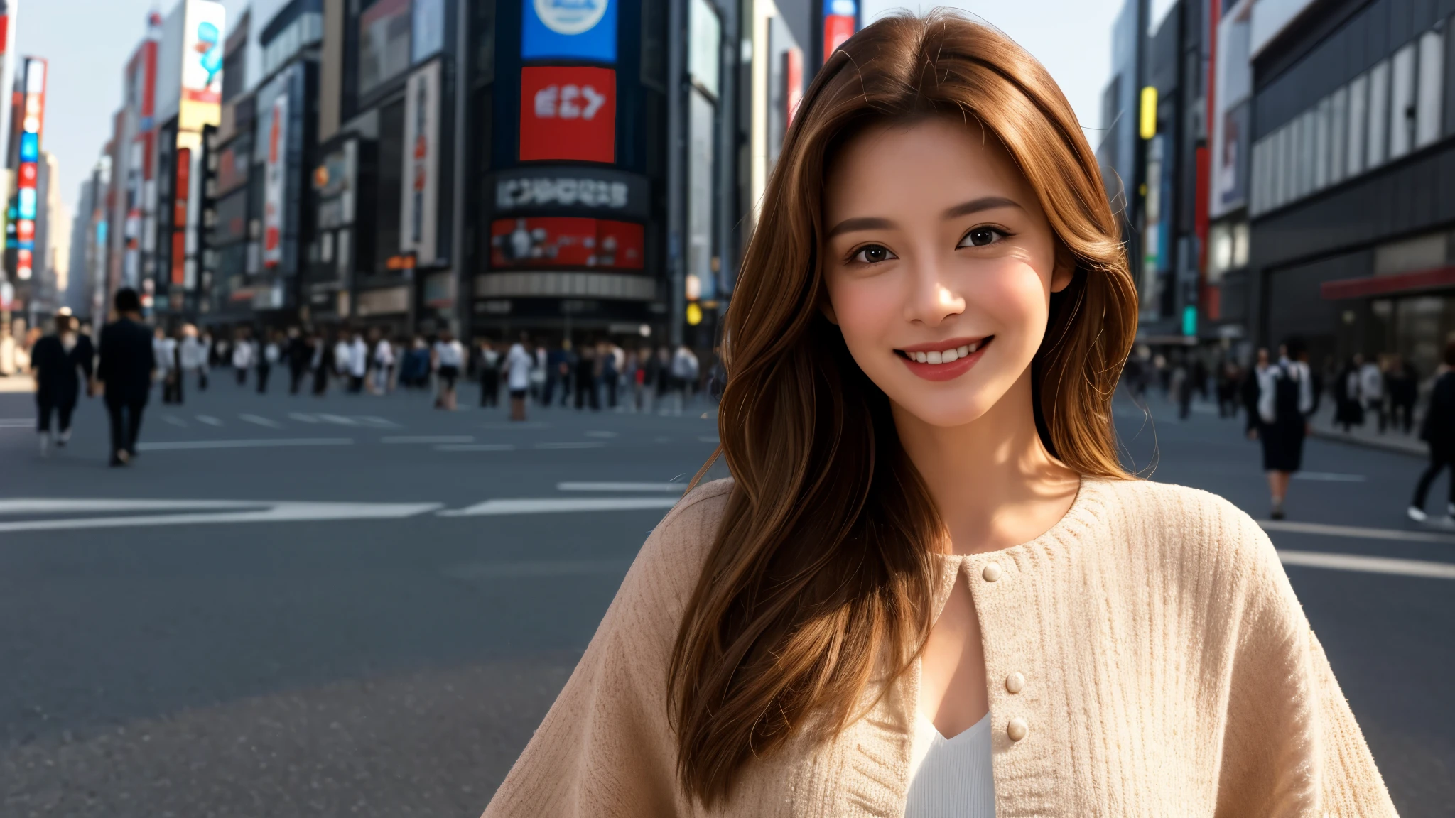 masterpiece, Best Quality, Photorealistic, Ultra-detailed, finely detailed, High resolution, 8K Wallpaper, 1 beautiful woman, light brown hair, sharp focus, Perfect dynamic composition, Beautiful detailed eyes, detailed hairs, Detailed realistic skin texture, Smiling, portrait, Model body type, Take a walk on the street of Tokyo,