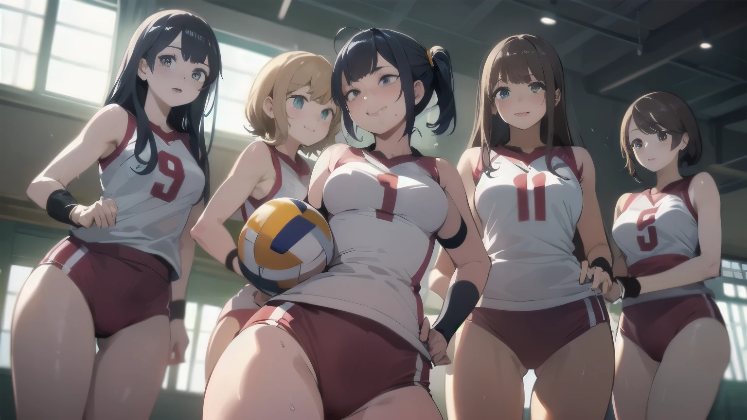 unity 8k wallpaper, anatomically correct, (((masterpiece))), (((best quality))), (((ultra detailed))), (((high-resolution))), ((super fine illustration)), ((Ultimate cutie)), ((detailed beautiful face)), perfect hands, perfect finger, (((good anatomy))), BREAK, multiple girls, lovingly gaze, harem, group picture, , (potbelly), (Curve), medium breasts, ((thick thighs)), Shiny hair, (((coquettish smile))), (((blush))), BREAK, Adidas, Sleeveless collared Volleyball Uniforms, ((wristbands)), BREAK, (Hold the beautiful spherical 6-inch volleyball), ((Sweat)), (perspired), (Heavy breathing), in gymnasium, in volleyball court, depth of field, strong light, cowboy shot,,