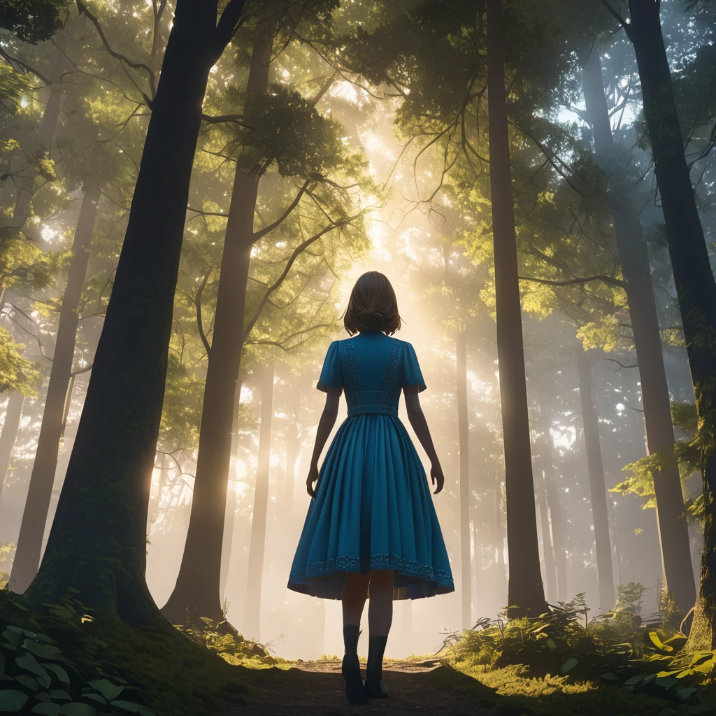 Tyndall Effect, aesthetic, extremely detailed, masterpiece, best quality, Tyndall effect, light beams, 1girl, solo, blue dress, thighhighs, standing, looking up, in forest, trees, sunlight rays, volumetric lighting, cinematic lighting, light rays, light scattering, volumetric fog, mist, atmosphere, photorealistic, 8k, unreal engine, octane render