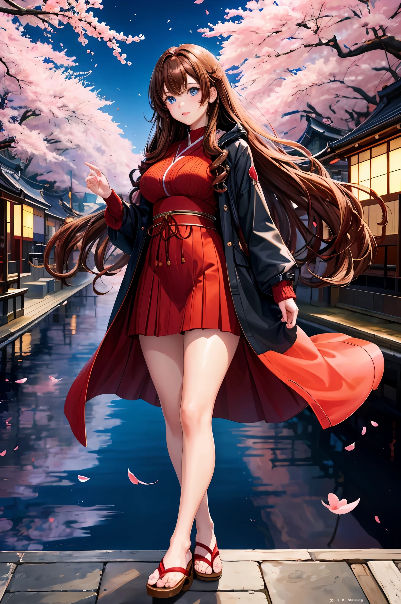 anime, one girl, brown hair、medium long、curly hair、blue eyes、well-groomed face、thick lips、Red knitted clothes、black coat、beautiful breasts、beautiful feet、Kyoto、Cherry blossoms at night、garden、city、petal、High resolution、ultra High resolution、delicate、16k