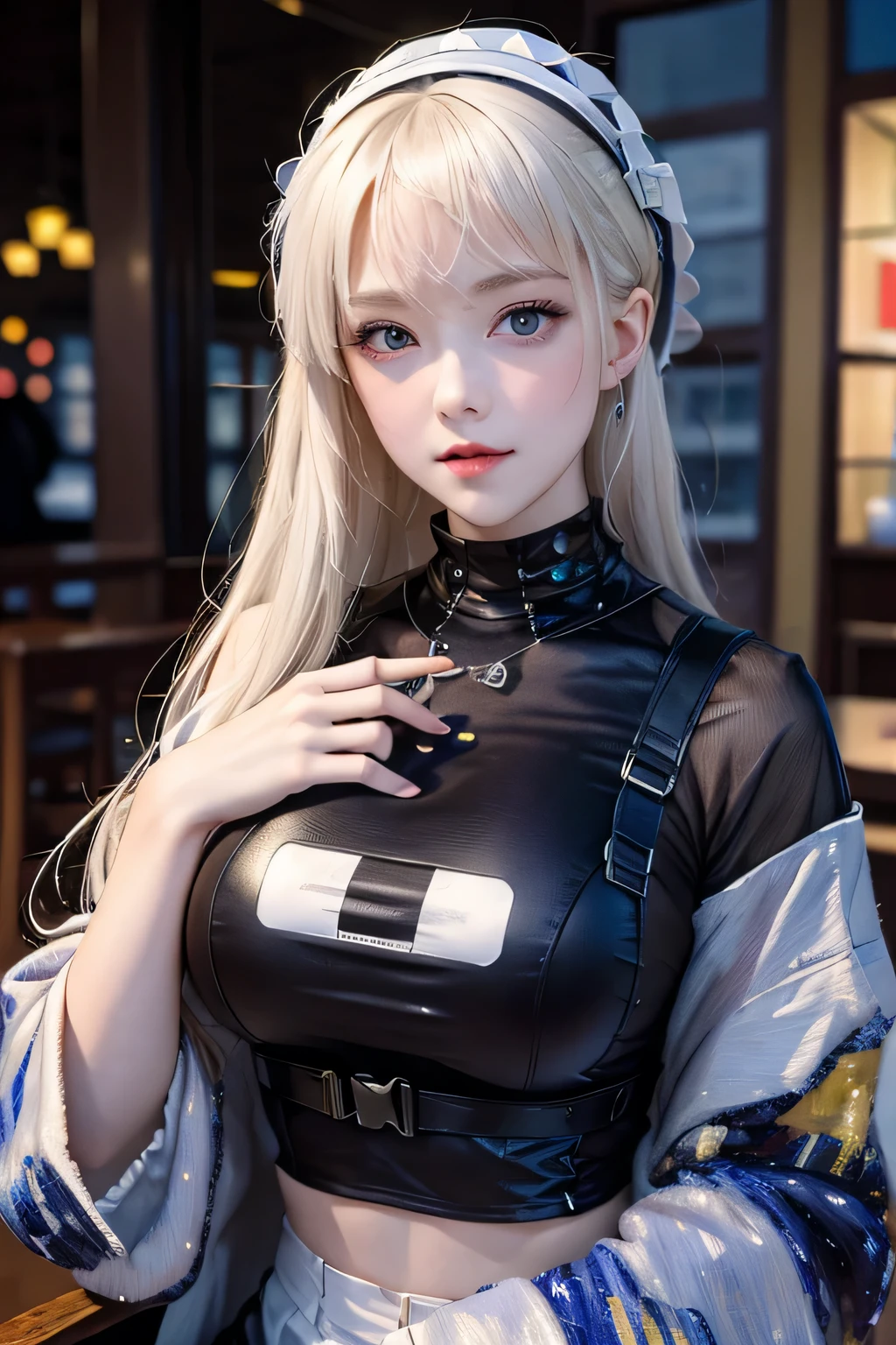 masterpiece, highest quality, 4k, Hmm, mishoujo, painting, beautiful目と詳細な顔, shape, beautiful, high resolution shape, shine_white_particle, 1 girl, white hair, light purple eyes, hair above one eye, Short side details, baseball cap,No expression, blind, black jacket, chest rig, cyber punk, tech wear,(Impressionism:1.4), vincent van gogh
