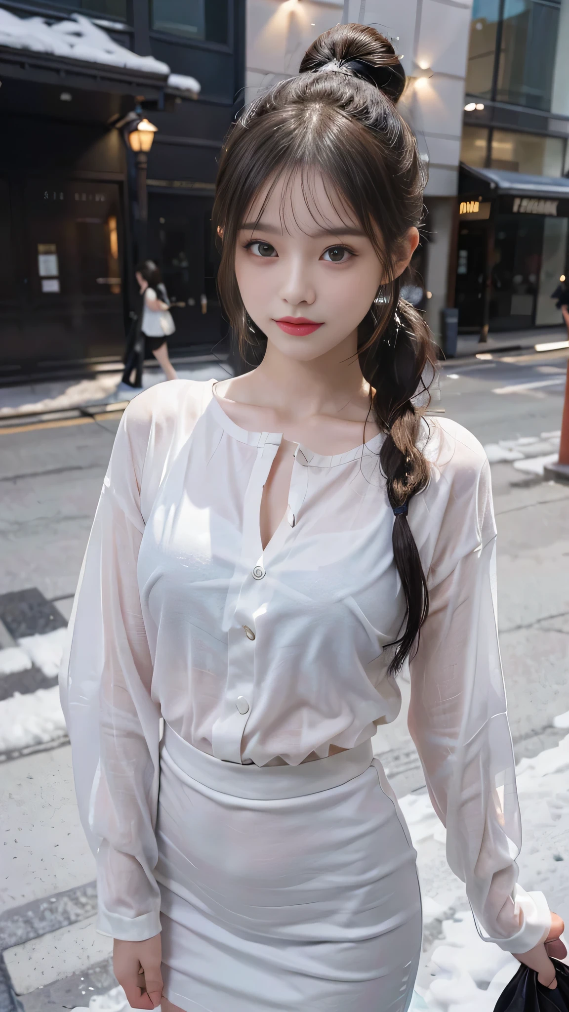 european cityscape,one woman,full body photo,table top, best image quality, high quality, The background is clear,Beautiful woman, Japanese, be familiar with, be familiar with eyes, be familiar with skin, beautiful skin, 超High resolution, (reality: 1.4),very beautiful woman, a little young face, beautiful skin, thin, (ultra photoreal sim), (High resolution), (8k), (非常にbe familiar with) (beautiful detailed eyes), (超be familiar with), (be familiar with face), view viewer, small details, be familiar with face, look straight ahead, look straight ahead, reality的な写真, bright lighting, professional lighting, black hair,ponytail,a baby face,15 years old,髪型はponytailです,ロングponytailの髪型,slight smile,neatly organized clothes,european cityscape,Beautiful Japanese KPOP idol photo, ヘアスタイルはponytailです, my eyes are double and wide, baby face, smile and look straight ahead, thin, small breasts,neatly organized clothes,Winter clothes,it's snowing,wearing a winter coat,collared shirt,long skirt,