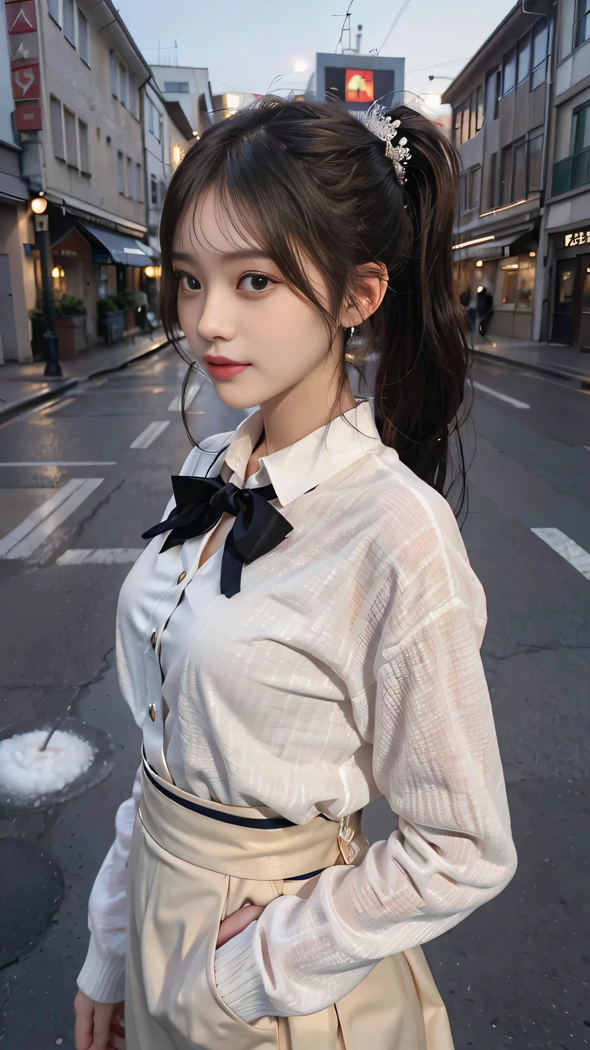 european cityscape,one woman,full body photo,table top, best image quality, high quality, The background is clear，Beautiful woman, Japanese, be familiar with, be familiar with eyes, be familiar with skin, beautiful skin, 超High resolution, (reality: 1.4),very beautiful woman, a little young face, beautiful skin, thin, (ultra photoreal sim), (High resolution), (8k), (非常にbe familiar with) (beautiful detailed eyes), (超be familiar with), (be familiar with face), view viewer, small details, be familiar with face, look straight ahead, look straight ahead, reality的な写真, bright lighting, professional lighting, black hair,ponytail,a baby face,15 years old,髪型はponytailです,ロングponytailの髪型,slight smile,neatly organized clothes,european cityscape,Beautiful Japanese KPOP idol photo, ヘアスタイルはponytailです, my eyes are double and wide, baby face, smile and look straight ahead, thin, small breasts,neatly organized clothes,Winter clothes,it&#39;s snowing,wearing a winter coat,collared shirt,long skirt,
