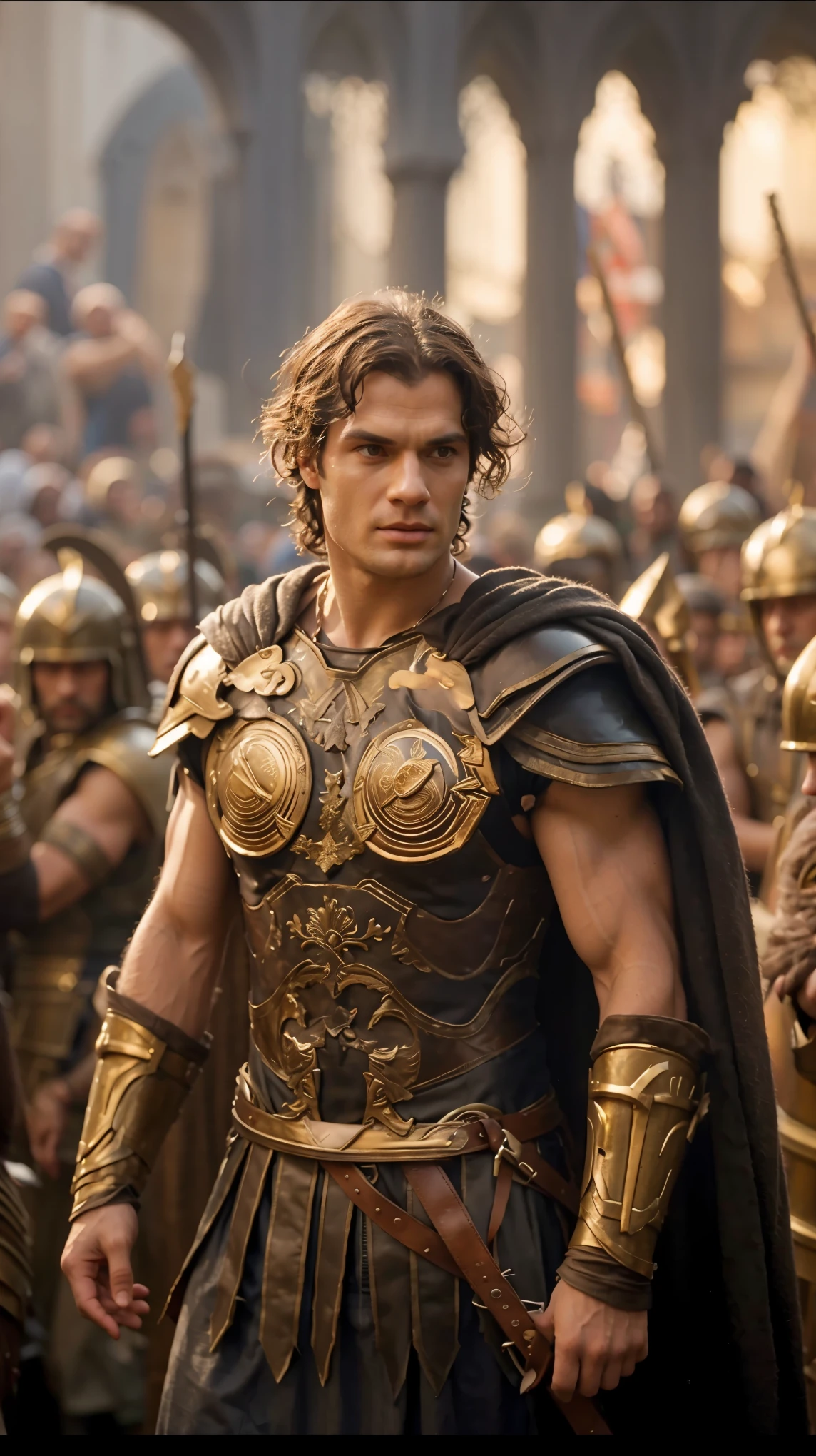 Alexander standing in front of a group of soldiers, henry cavill as a greek god, henry cavill is a greek god, henry cavill as a warrior, jason momoa as assyrian, greek god, biblical epic movie, henry cavill as arthas menethil, in screenshot from the 300 movie, alexander, henry cavill as a space marine, demigod