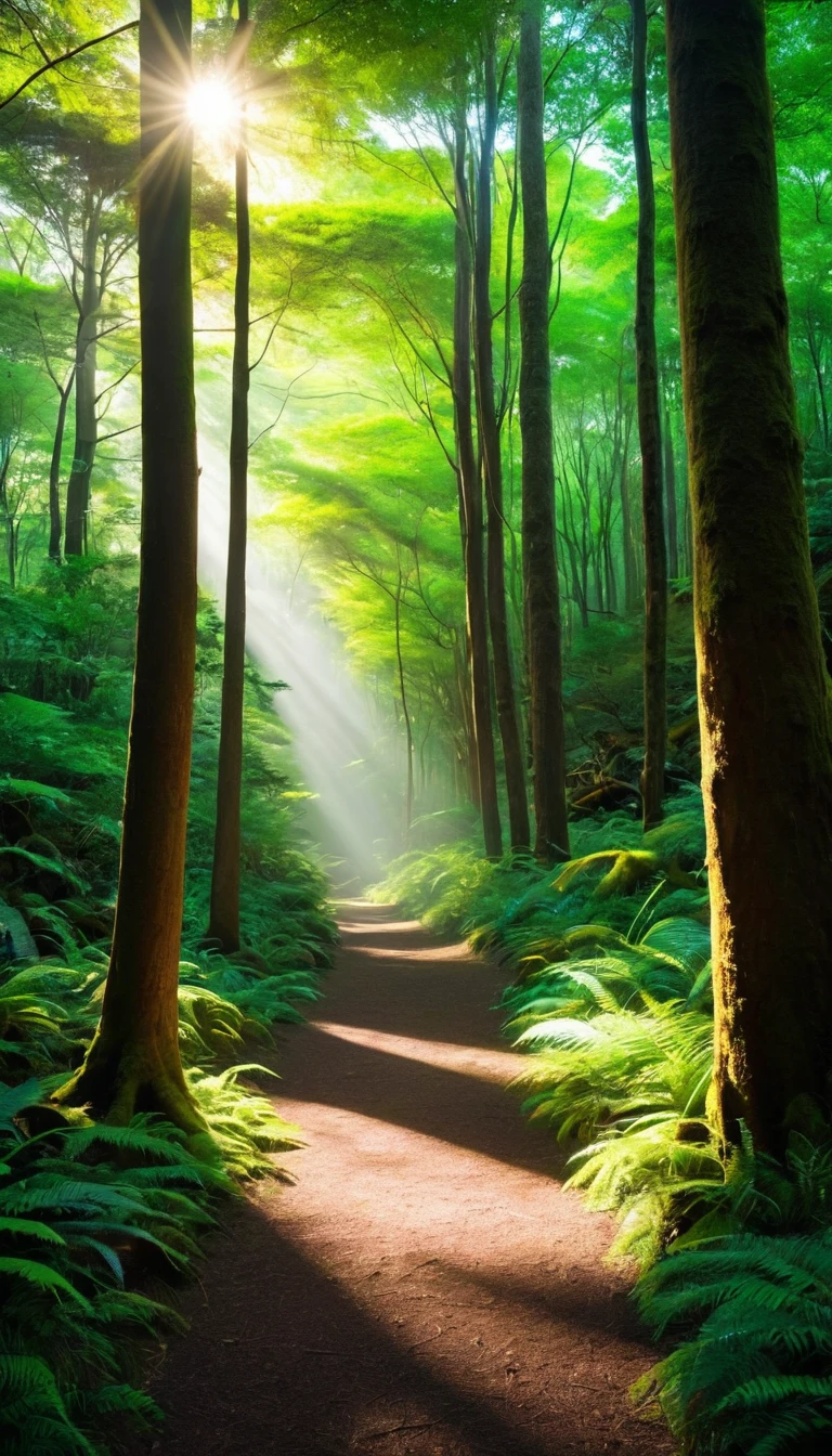 Sunlight passing through trees in the forest.illuminate the path,rock.Sunlight shines through the trees, Create an obviously strong Tyndall effect, light and space, forest ray, forest light, beautiful forest, Dense forests in Japan, anime nature, peaceful lush forest, enchanted forest backround, Glowing forest, enchanted forest, really beautiful forest, anime lush john 8k forest ray tracing, Vignetting, Wide-angle lens, super wide angle, best qualitycinematic lighting, depth of field, outer boundary, negative space, Zen aesthetics, (best quality,4k,8k,high resolution,masterpiece:1.2),super detailed,(actual,photoactual,photo-actual:1.37),anatomically correct...