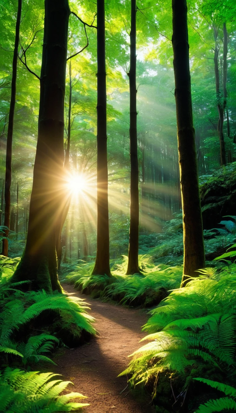 Sunlight passing through trees in the forest.Looking down at the crystal clear pond,rock.The sun shines through the trees, Create the Tyndall Effect, light and space, forest ray, forest light, beautiful forest, Dense forests in Japan, anime nature, peaceful dense forest, enchanted forest backround, Glowing forest, enchanted forest, really beautiful forest, anime lush john 8k forest ray tracing, Vignetting, Wide-angle lens, super wide angle, best qualitycinematic lighting, depth of field, outer boundary, negative space, Zen aesthetics, (best quality,4k,8k,high resolution,masterpiece:1.2),super detailed,(actual,photoactual,photo-actual:1.37),anatomically correct...