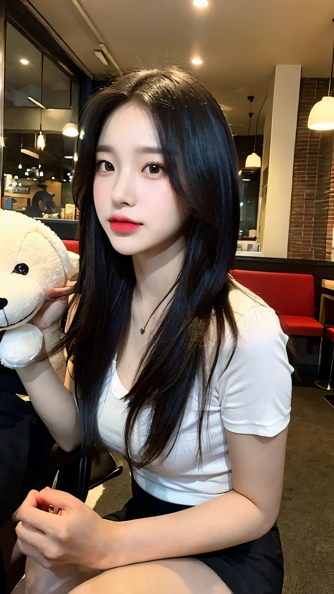 Holding a plush toy in your hand, Sitting in a coffee shop, ((best quality, 8 thousand, masterpiece: 1.3)), Concentrate upon: 1.2, perfect body beauty: 1.4, hip: 1.2, (layered haircut: 1.2), (dark street: 1.3), (Highly detailed face and skin textures: 1.3), whole body, good eyes, double eyelid, whitened skin, (black straight hair, long hair: 1.2), (short skirt: 1.6), medium chest