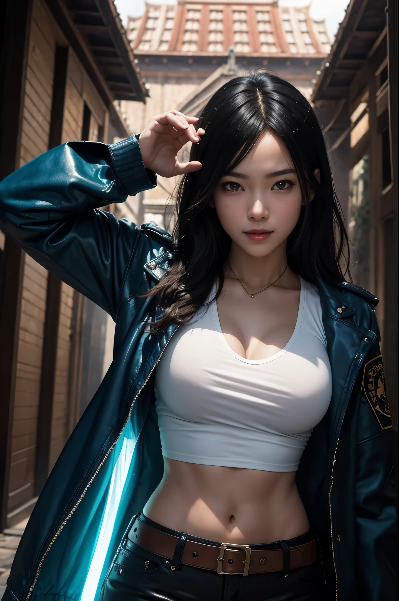 8K,Twin sister wearing casual clothes,Super beautiful(like the real thing),My sister is short and has a glamorous figure.,big breasts,blue combat jacket,sexy,luxurious white long shirt,black combat shorts,sharp eyes,black eyes,smile,black long hair,masterpiece,Photorealistic RAW photos of the highest quality。bright colors,rich colors, Backlight, cinematic lighting, film grain, to be born, 50mm lens, Nikon D850,detailed character art,fantasy art,ultra high resolution,super realistic skin,Perfect hand shape,In front of the abandoned temple,beautiful expression,dynamic pose,fighting pose,hold a shakujo,blue combat jacket,