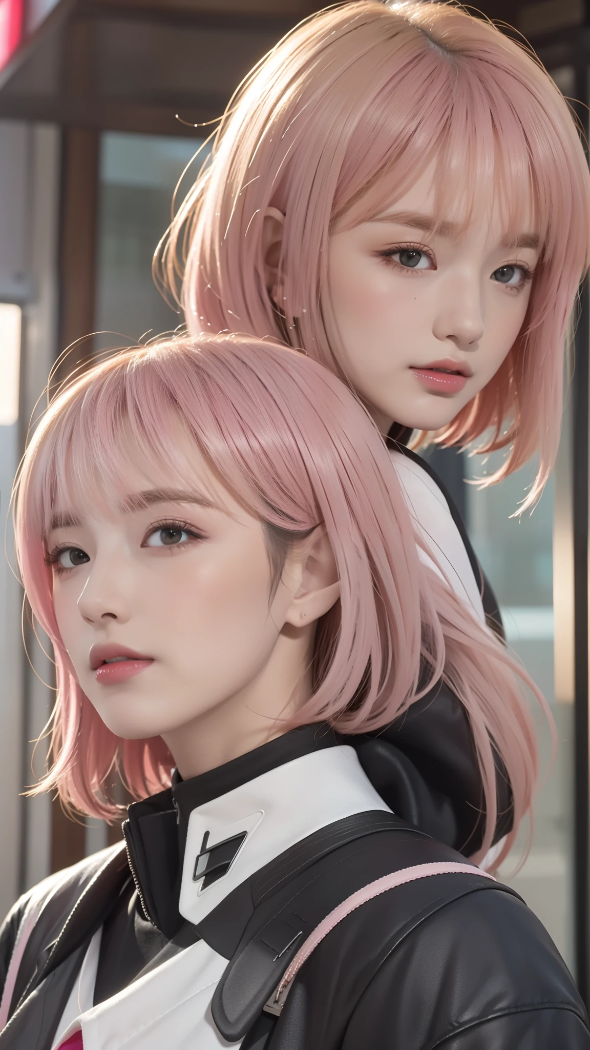 Close-up of two women with pink hair and black jackets, anime realism style, unreal 5. RPG portrait, cgsociety portrait, realistic art style, Smooth anime CG art, Photorealistic anime girl rendering, Realistic anime 3d style, loss draw 1. 0, realistic 3d animation, art germ ; 3d unreal engine, realistic anime art style,The background is space,