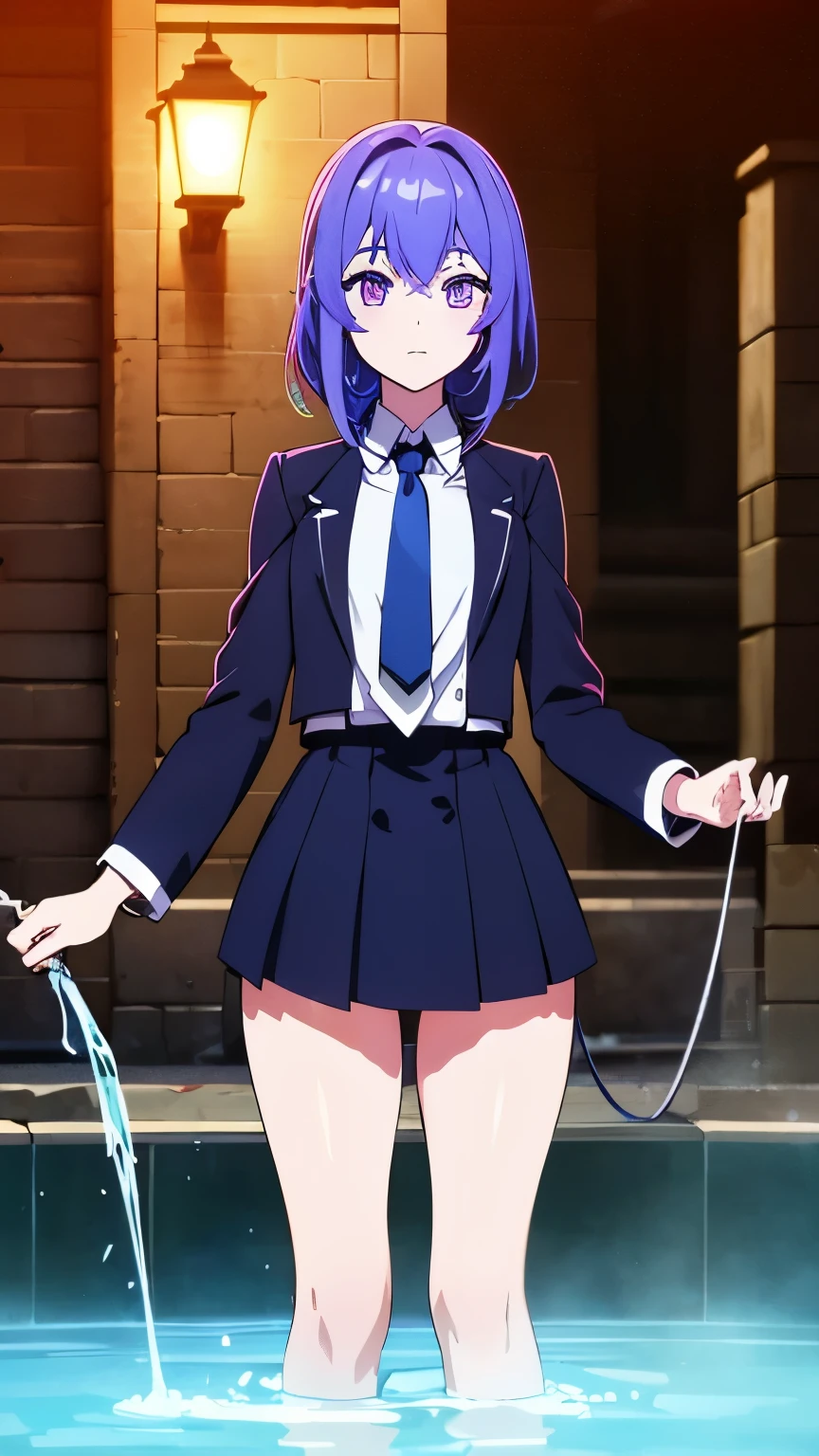 1 girl ,(big Stigmata) , School courtyard, (floating hair), ((in courtyard fountain)), character focus, wearing magic schoolboy uniform ((black light)),((dark lighting)), cinematic lighting ,(darkness), (concept art), ((innocent face)), blue short straight hair, light blue hair color, dragonoid girl, short, short blue hairy, glowing bluish-purple horns, bluey-purple eye color, (glowing eyes), high resolution,(incredibly absurdres) ,extremely detailed CG unity 8k wallpaper, ((masterpiece)), ((top-quality)), (beautiful illustration), ((an extremely delicate and beautiful)), (masterpiece, Best quality, ultra high resolution), 1 girl, pale skin, Black Crown, purple eyes, Luminous_eyes, neon blue eyes, ultra detailed eyes, Beautiful and detailed face, detailed eyes, (Centered, torso), (wide shot:0.9), facing the viewer, Eye level, flat chested, no , flat chest