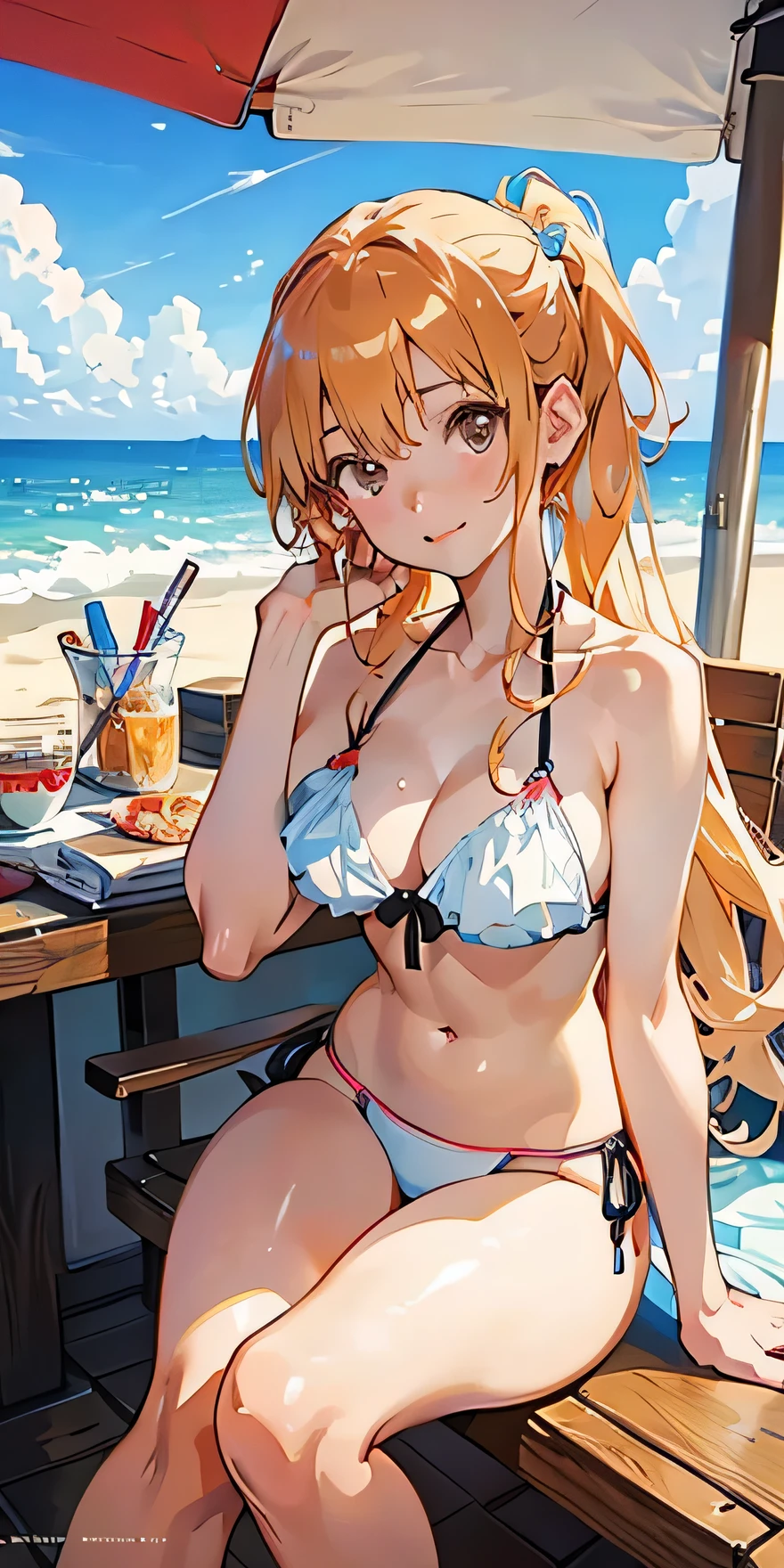 A woman in bikini sits at a table by the beach, realistic bikini, seductive anime girl, Detailed digital animation art, Beautiful charming anime woman, on the beach, Extremely detailed Artgerm, on a sunny beach, swimsuit, Clean and detailed anime art, author：Kentaro Miura, [ 4k digital art ]!!, Blonde long hair anime girl