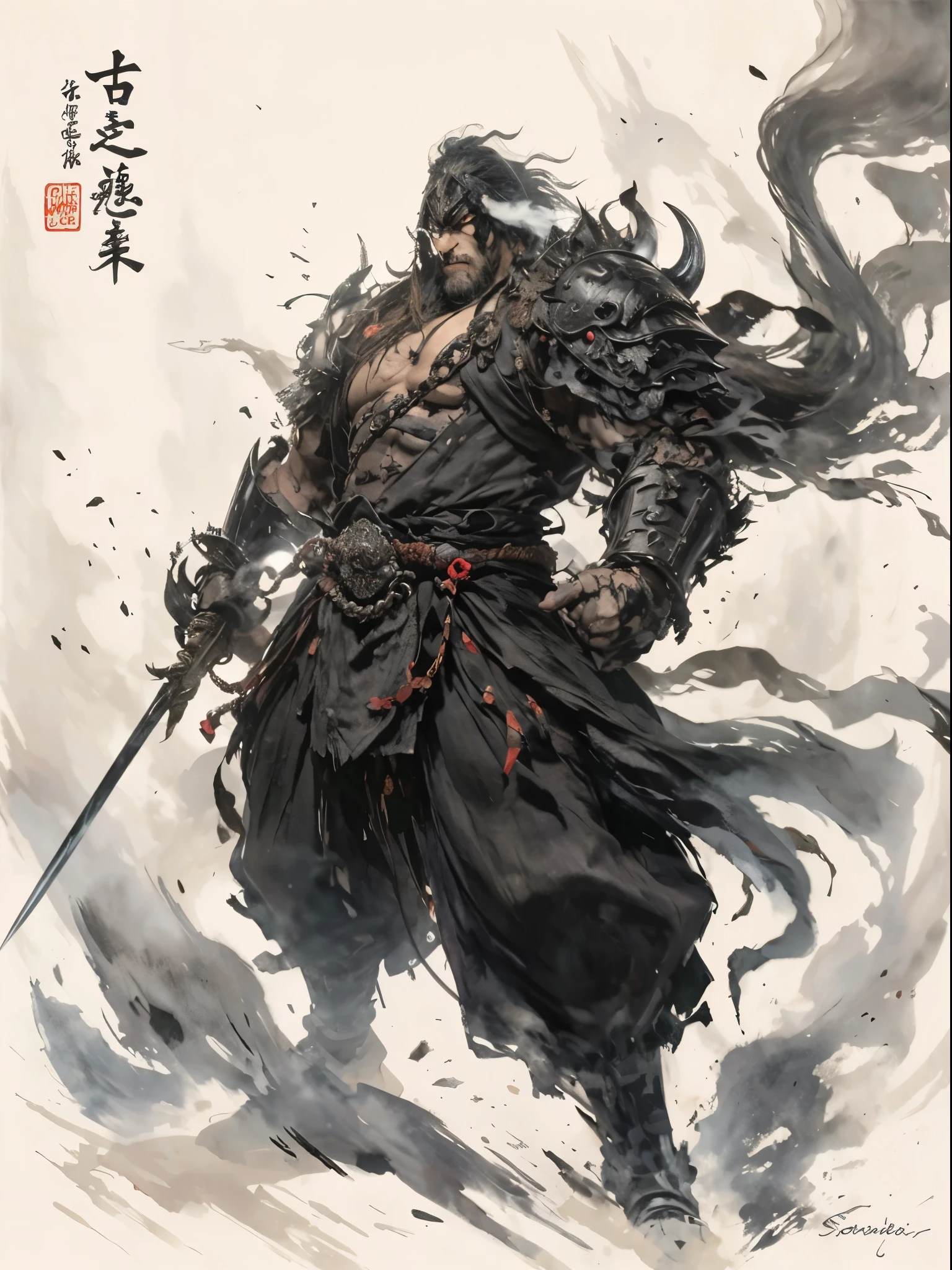 An ink painting of a man holding a black sword, author:southeast, Demonic Warrior, Demonic Warrior , Samurai Chain Ink Undead Yang Jie in, Detailed bushido form smoke, Beautiful male god of death,
