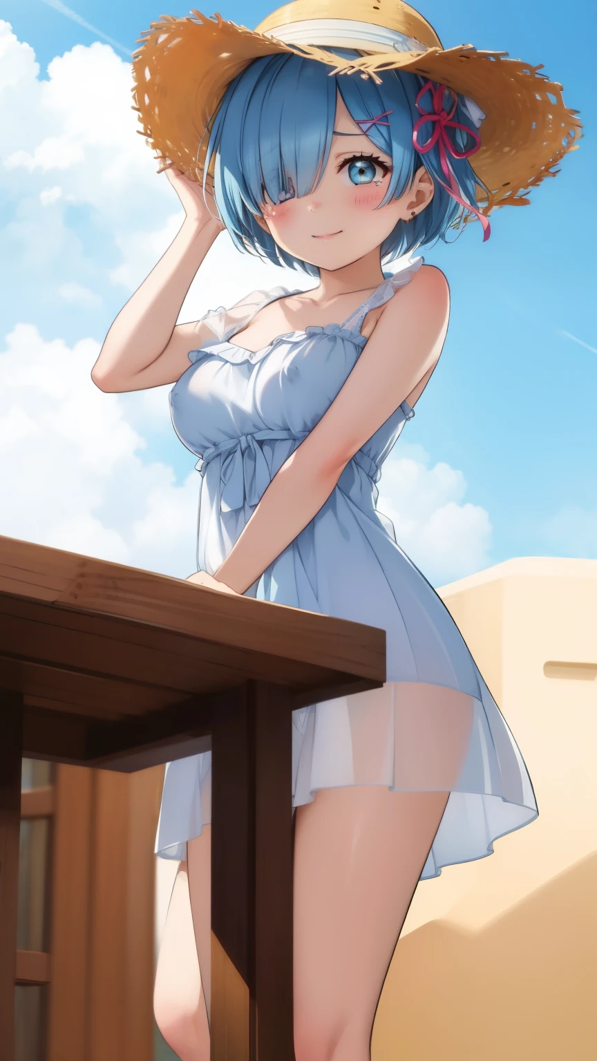 Re:Zero&#39;s Rem、light blue hair、short hair、table top、High resolution、big and full breasts、naughty body、See-through、throw、、whole body、Look up at me、gentle smile、Are crying、blush、The shape of a woman&#39;s private parts is clearly visible、I can see your nipples、white skirt、micro mini skirt、very short skirt、bare chest、show your chest、Upper grade、A lot of milk comes out from the nipples、Breast milk gushes from the nipple、very big breasts、show your chest、bare chest、straw hat、white dress、sandy beach、sunset、Madder sky、sunset beach、seaside、sandy beachで四つん這い、bangs that cover one eye、pink hairpin、white sandals、from below、Low - Angle