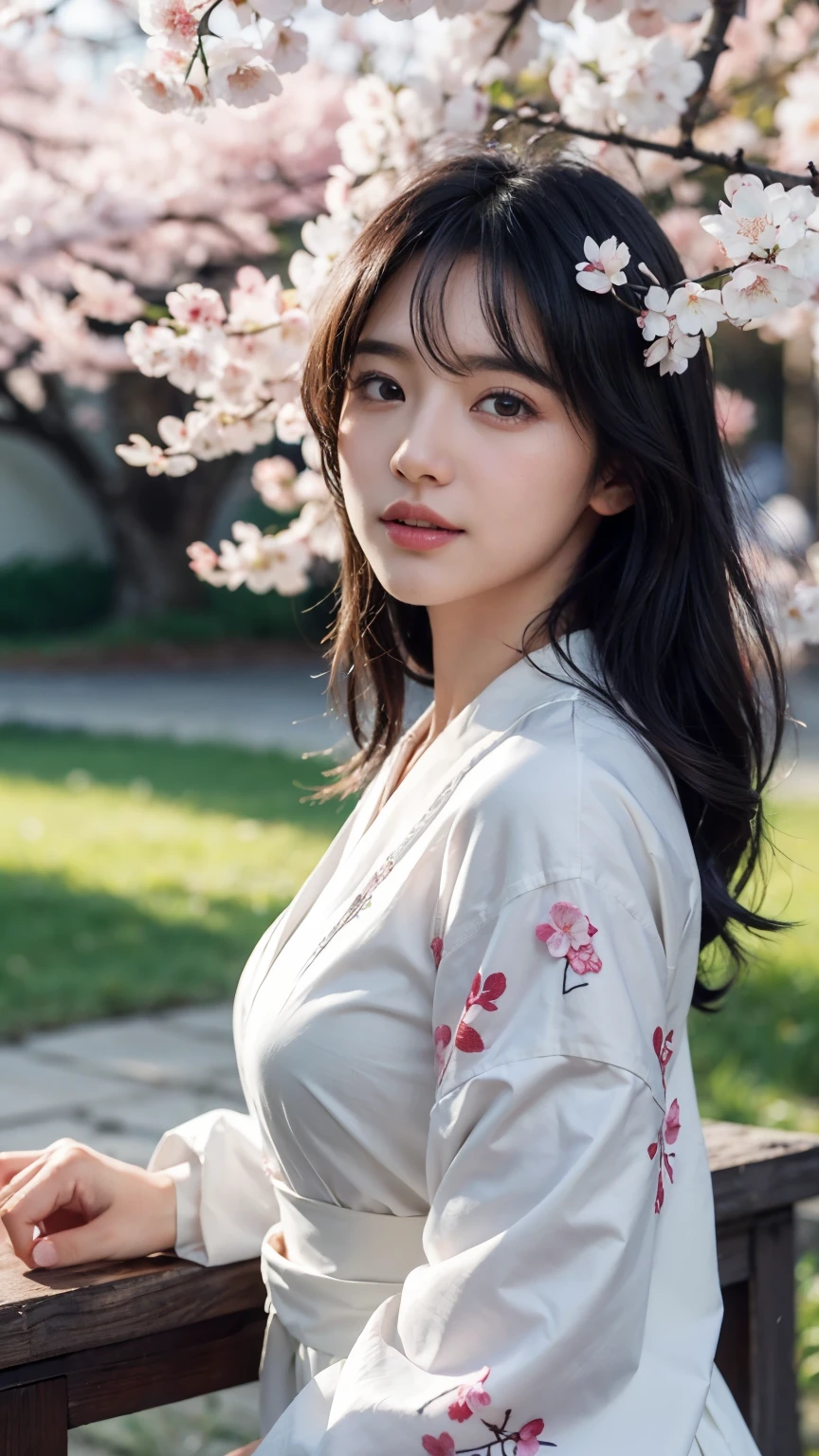 (logo、masterpiece、8k、table top、RAW photo、wonderful、最high quality、Photorealistic and hvery detailed CG integrated 8k wallpaper、high quality、very detailed、Narrative poem、particle effects、dynamic effects、written boundary depth、cinematic light、Lens flare、ray tracing)、fantasy、 (1 beautiful woman、white kimono、Japan Dress、white cherry blossom pattern、White cherry blossom embroidery pattern、black haired、beautiful face、real face、beautiful details eyes beautiful skin)、Hair flutters in Wind、hair bounces、pink cherry tree、petals dance、SakuraFubuki、wonderful景色、sunrise、sun on background、Wind、god々、teeth、god話、vast land、