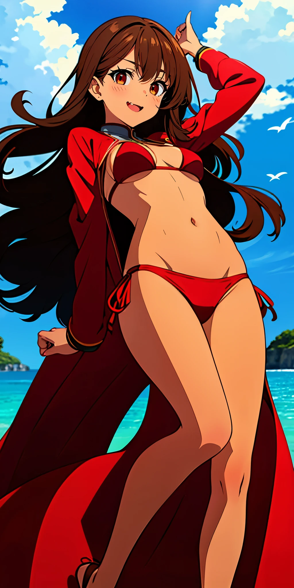1girl, sexy adult woman, hunter eyes, bright brown hair, little wavy hair, very long hair, no forelock, hazel eyes Light golden brown, no fang, hourglass shape body, slightly dark skin, C cup big breasts, small waist, wide hips, dark red lips, dark red nails, Red eyesshadow eyelid, Opening a very thin white coat, Wear a dark red bikini, red rose clip on head, height 168cm., grin face, Hands taking coat, background The bottom of the leg is under the sea body above is the water, color of the sea is very bright blue, The blue sky is very bright, small clouds, many fishs under the water, coral