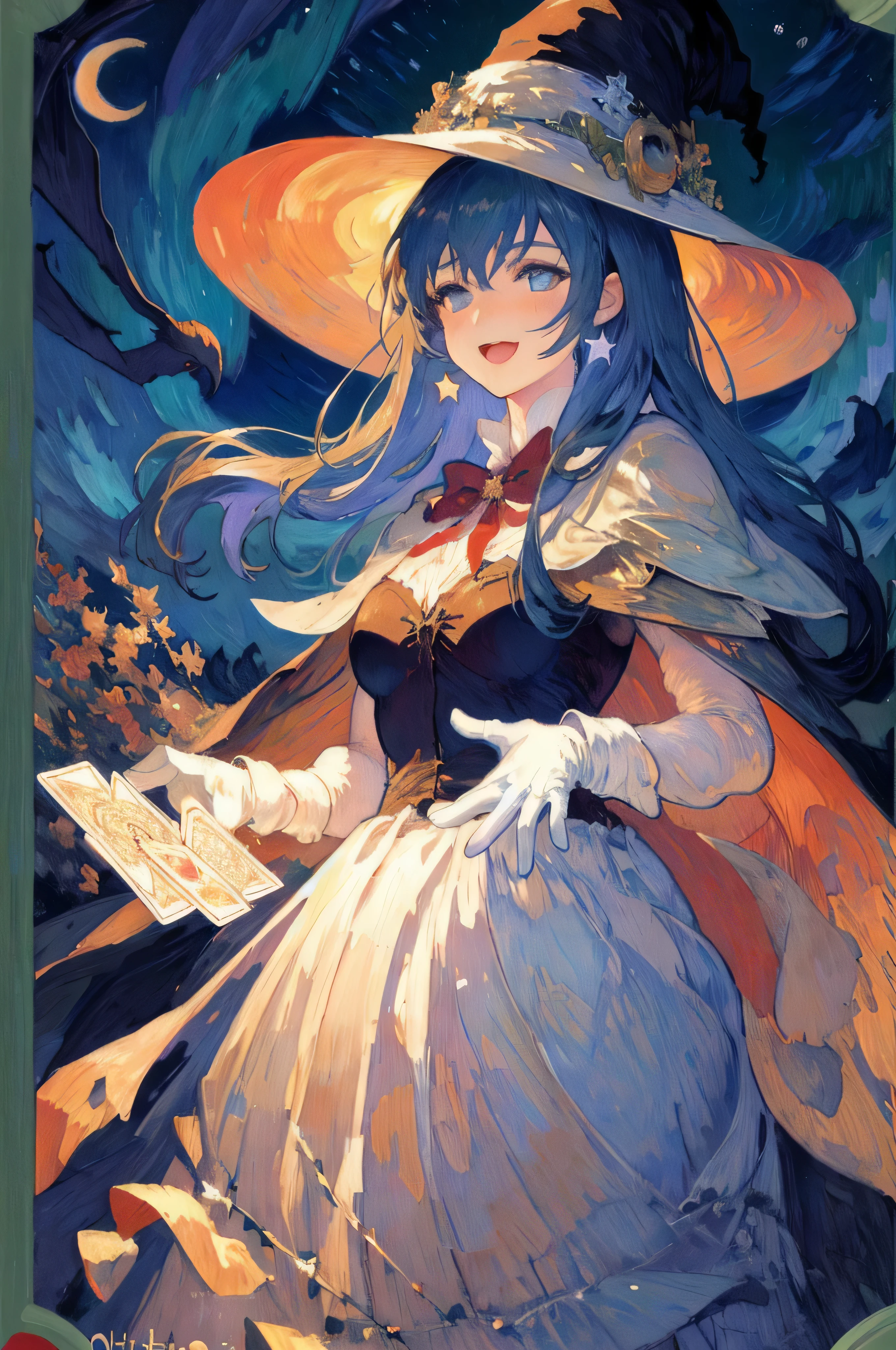 ((masterpiece:1.2, best quality)), 1girl, solo, (witch hat), blonde hair, long hair, dress, aurora, night, star (sky), gloves, sky, white dress, night sky, open mouth, starry sky, blue eyes, ribbon, very long hair, red dress, smile, hair ribbon, cape, blue hair, (bird), magic, casting spell, dark clouds, night, (impressionism:1.4), (tarot:1.3), alphonse mucha,